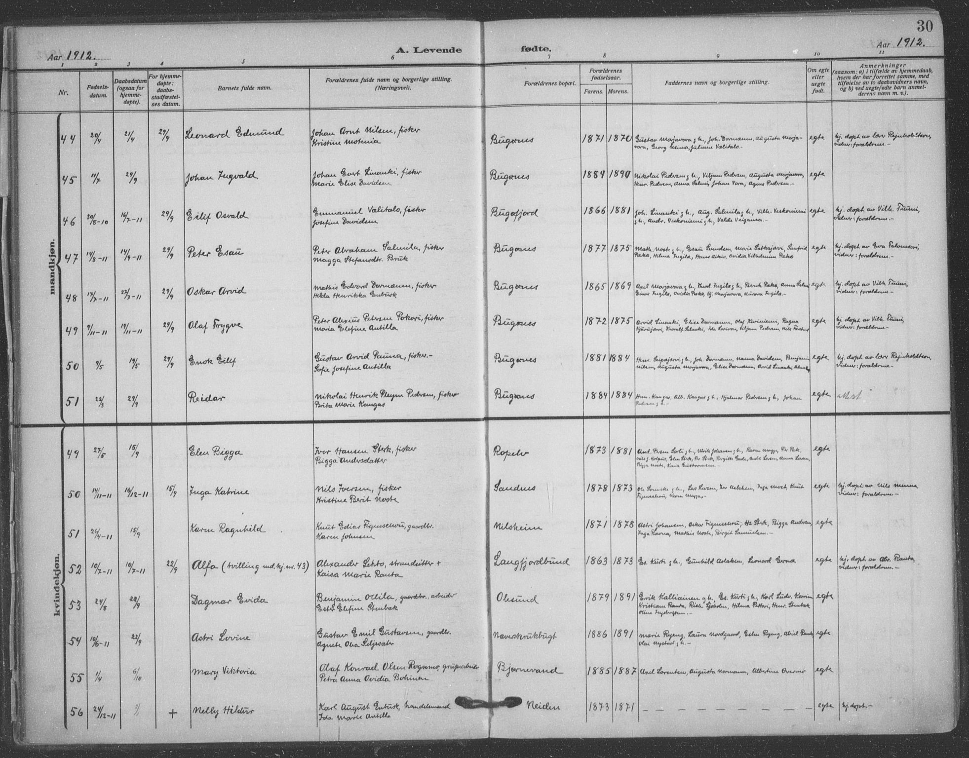 Sør-Varanger sokneprestkontor, AV/SATØ-S-1331/H/Ha/L0005kirke: Parish register (official) no. 5, 1909-1919, p. 30