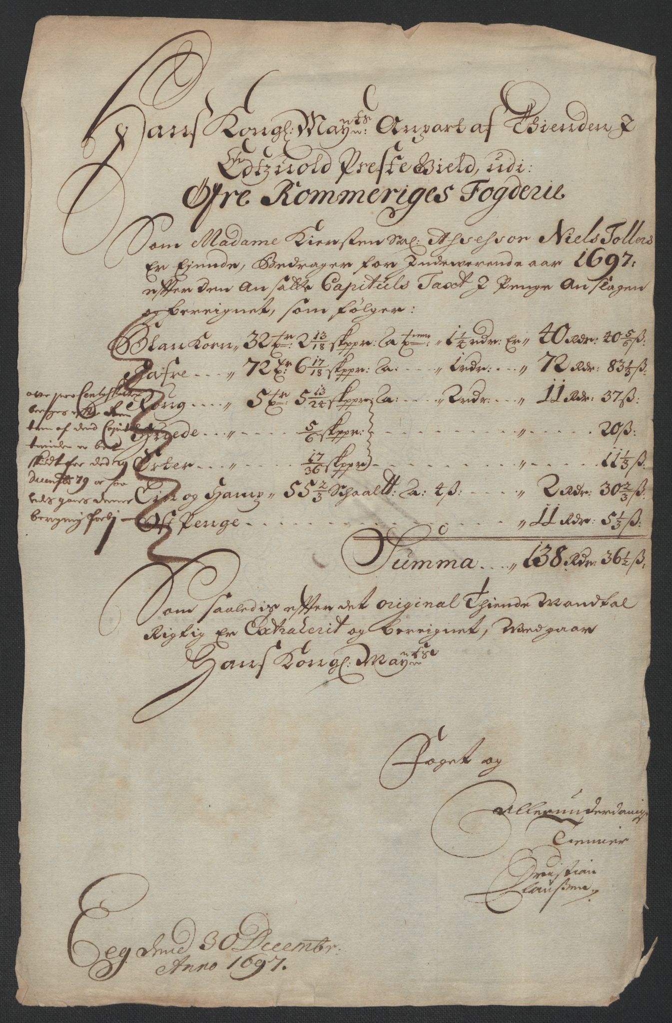 Rentekammeret inntil 1814, Reviderte regnskaper, Fogderegnskap, RA/EA-4092/R12/L0709: Fogderegnskap Øvre Romerike, 1697, p. 67