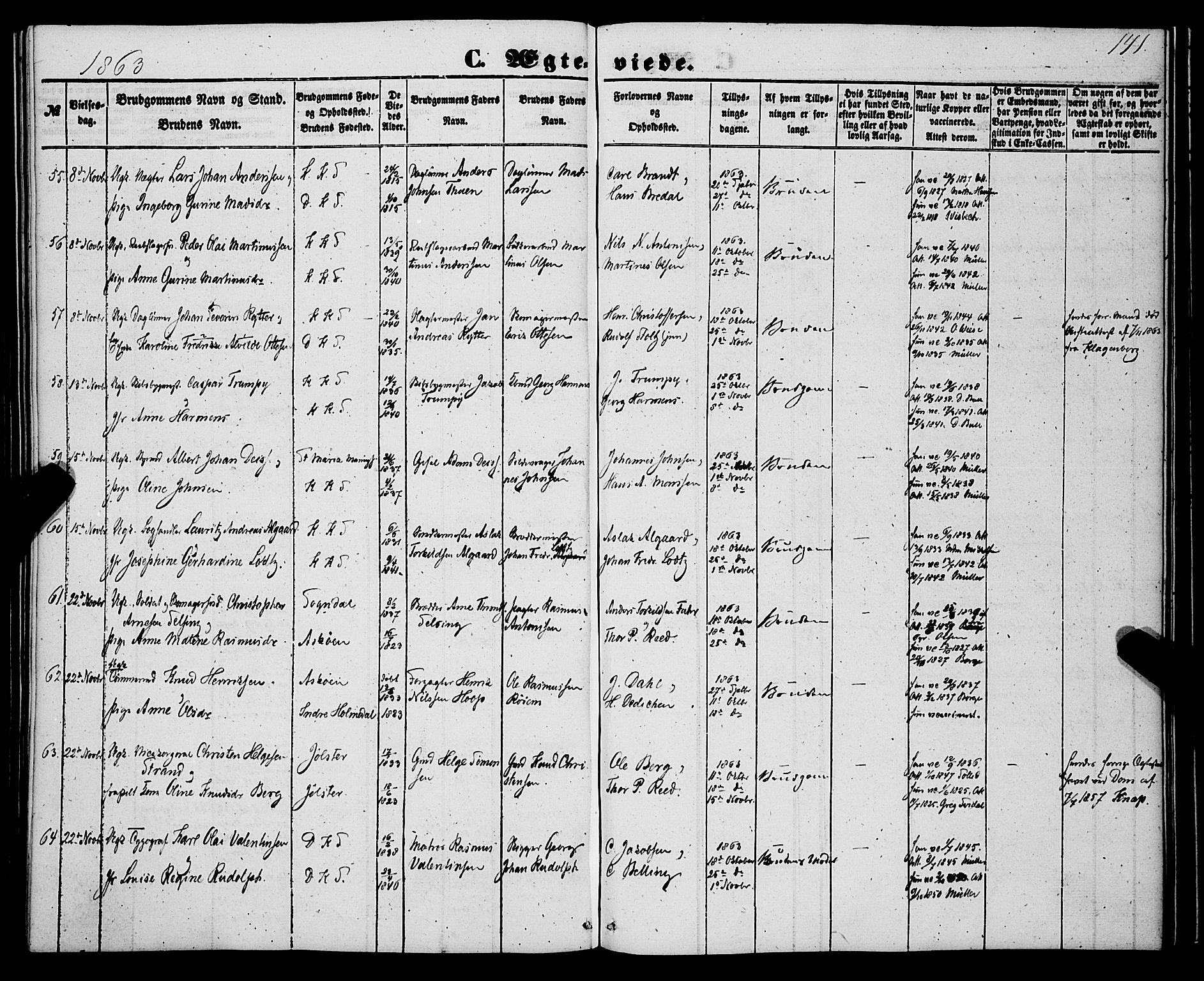 Korskirken sokneprestembete, AV/SAB-A-76101/H/Haa/L0035: Parish register (official) no. D 2, 1852-1867, p. 141