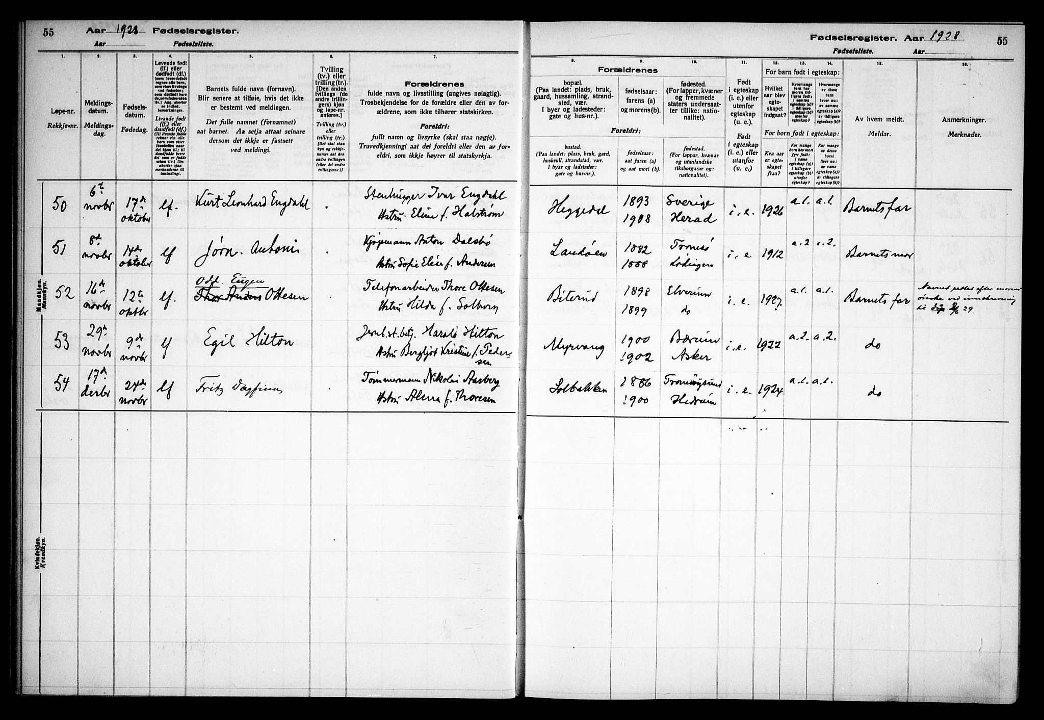 Asker prestekontor Kirkebøker, AV/SAO-A-10256a/J/L0002: Birth register no. 2, 1925-1938, p. 55