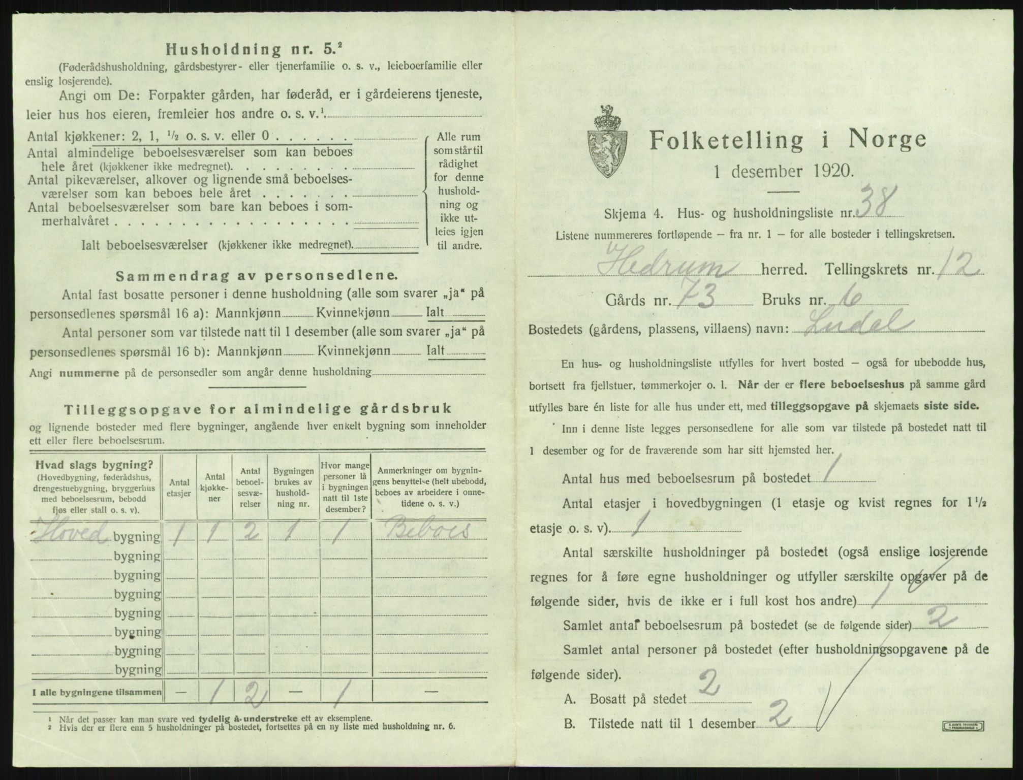 SAKO, 1920 census for Hedrum, 1920, p. 1153