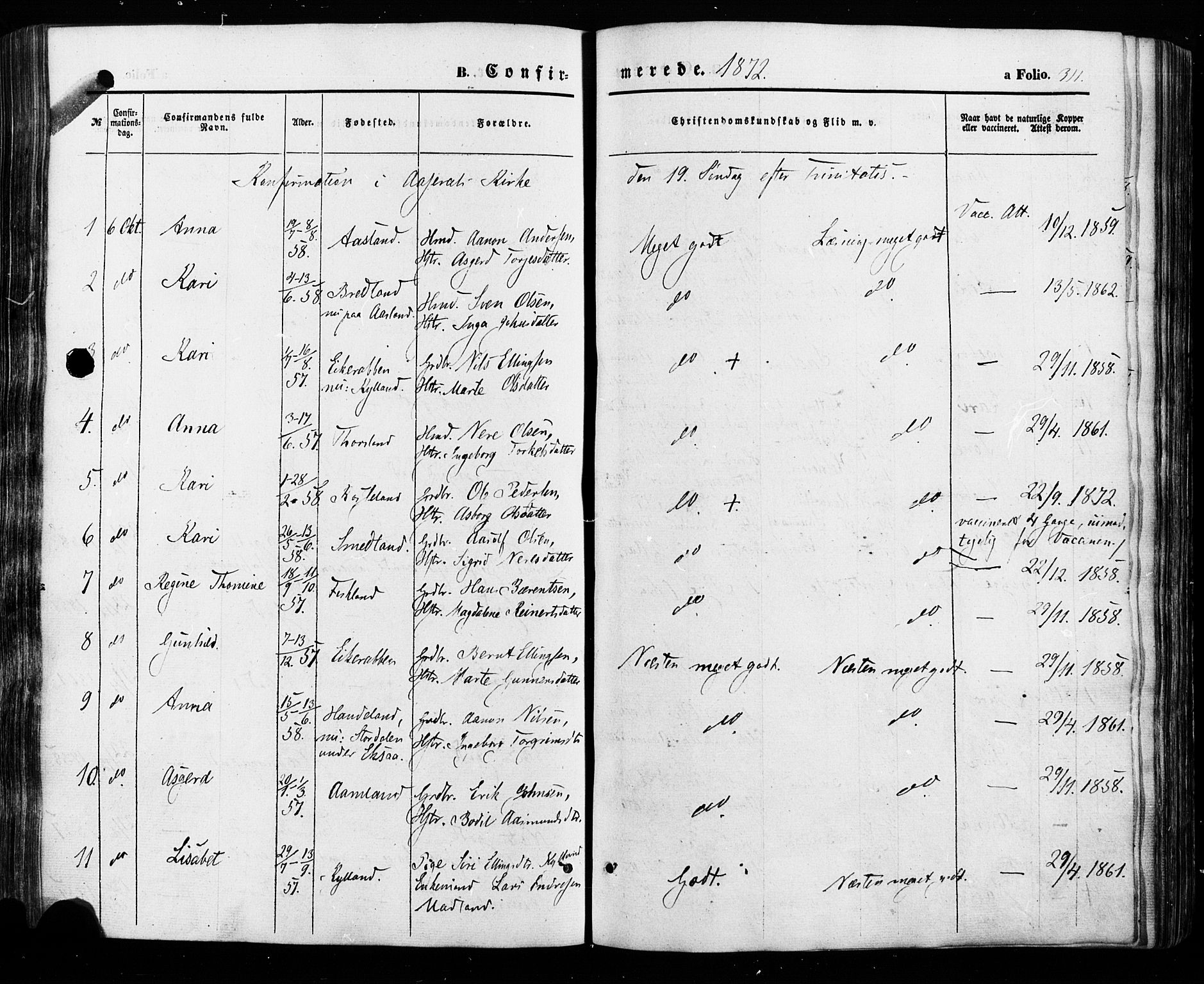 Åseral sokneprestkontor, SAK/1111-0051/F/Fa/L0002: Parish register (official) no. A 2, 1854-1884, p. 311