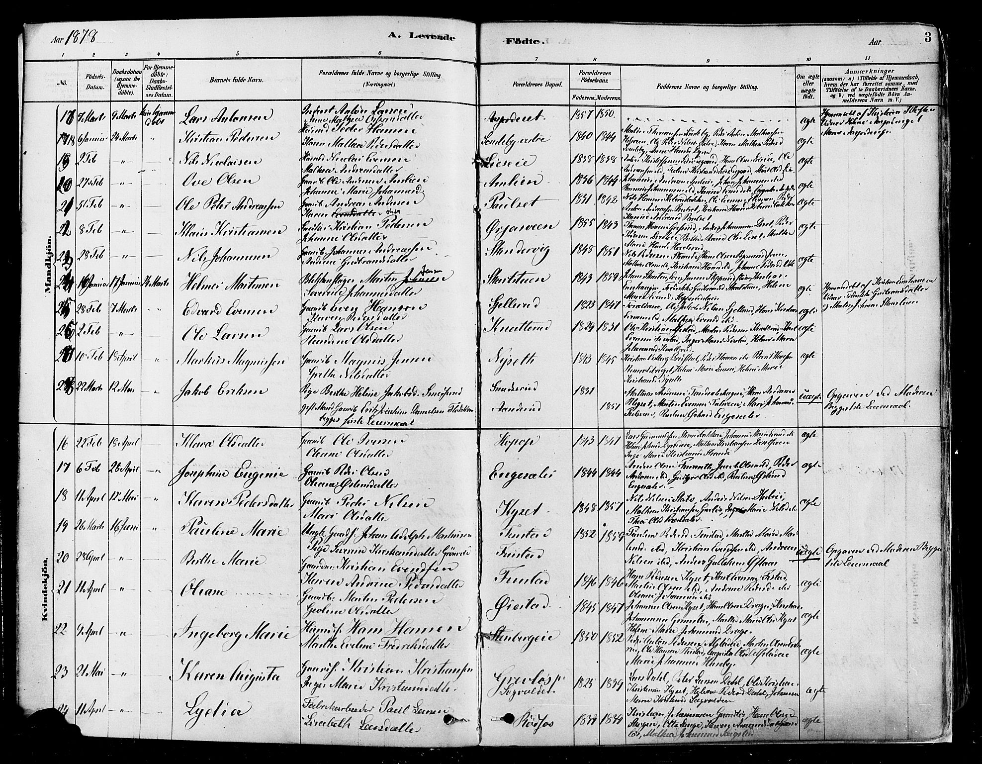 Vestre Toten prestekontor, AV/SAH-PREST-108/H/Ha/Haa/L0009: Parish register (official) no. 9, 1878-1894, p. 3