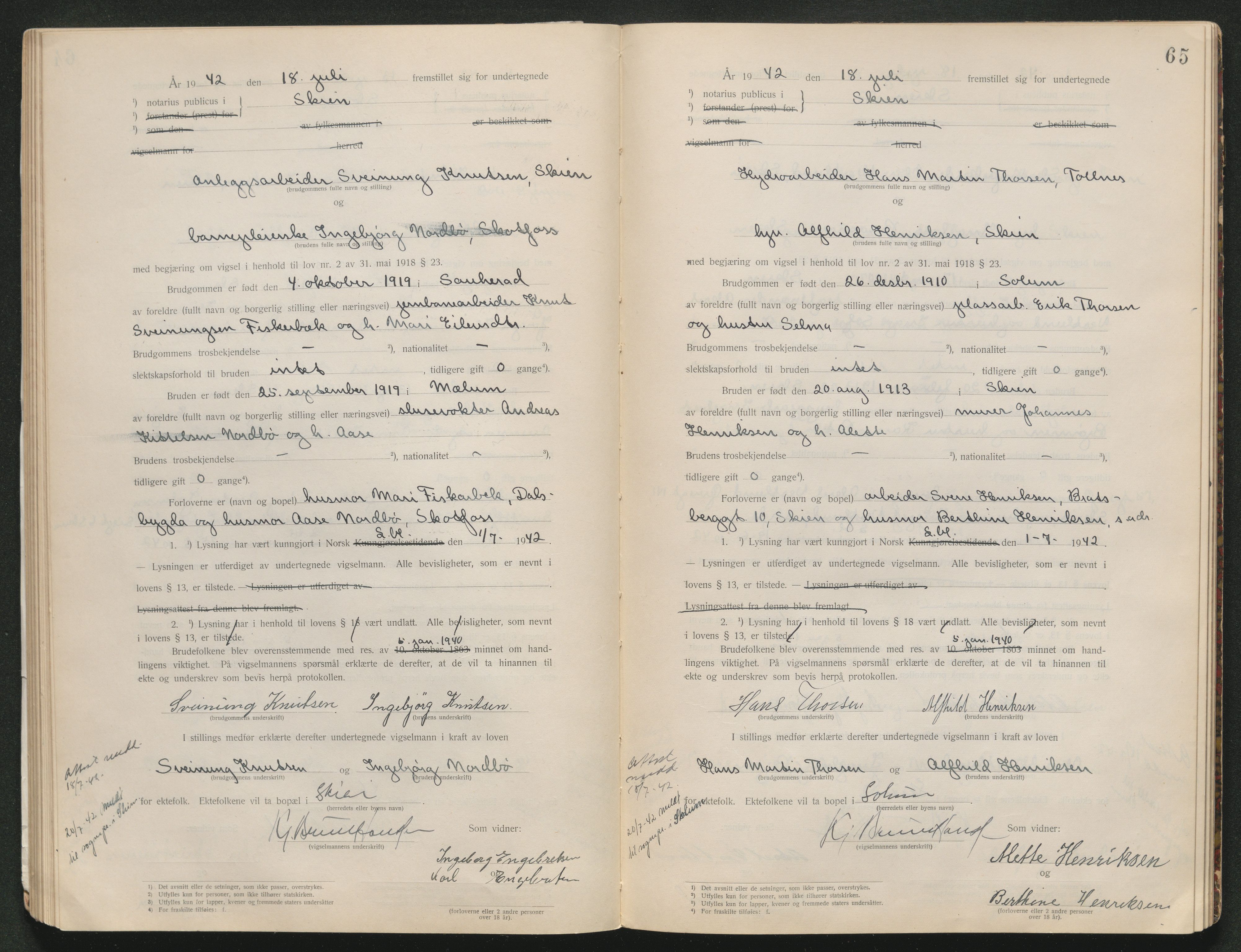 Skien sorenskriveri, AV/SAKO-A-225/L/La/L0001: Vigselsprotokoll, 1920-1947, p. 65