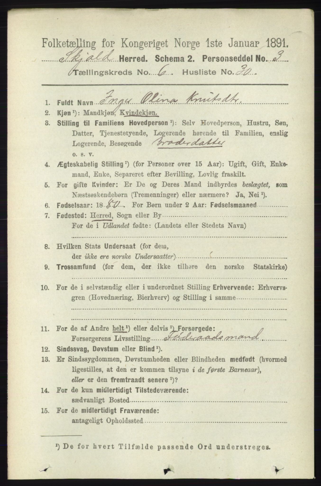 RA, 1891 census for 1154 Skjold, 1891, p. 1168