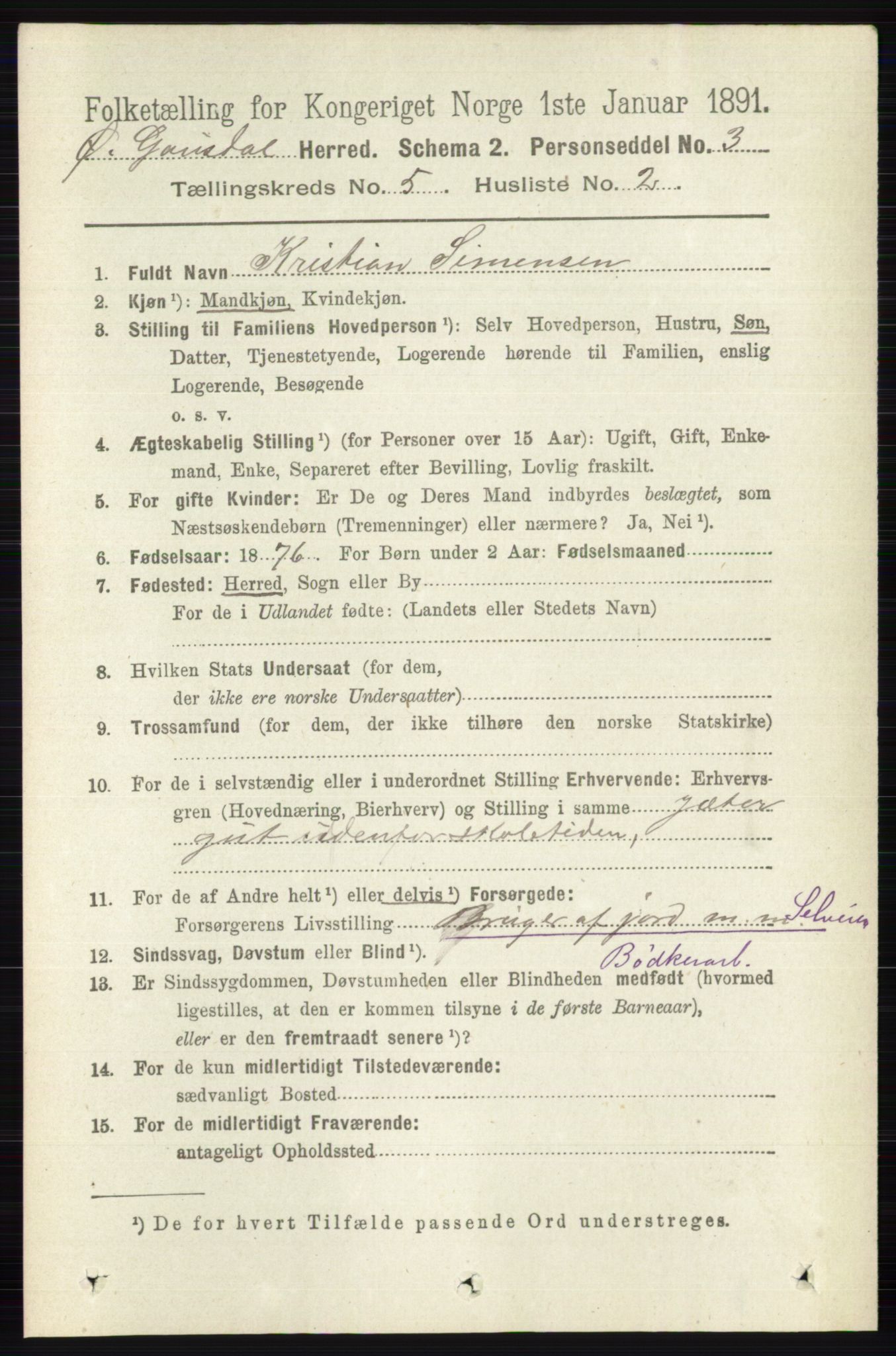 RA, 1891 census for 0522 Østre Gausdal, 1891, p. 2998