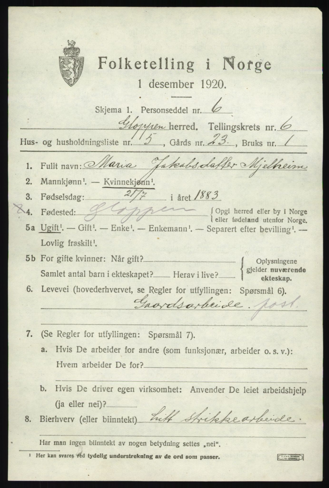 SAB, 1920 census for Gloppen, 1920, p. 3768