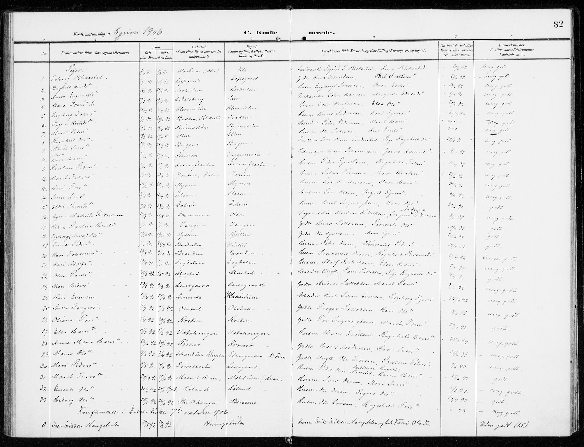 Sel prestekontor, SAH/PREST-074/H/Ha/Haa/L0002: Parish register (official) no. 2, 1905-1919, p. 82