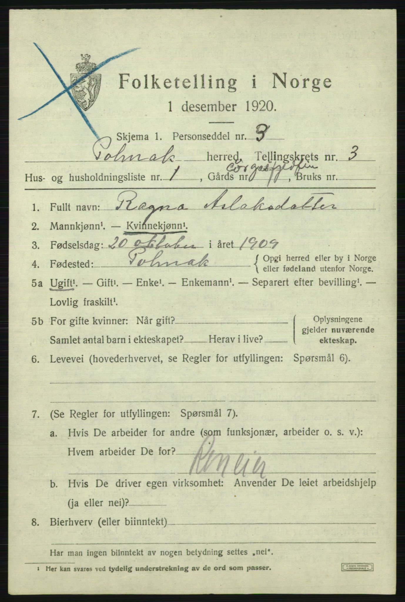 SATØ, 1920 census for Polmak, 1920, p. 1327