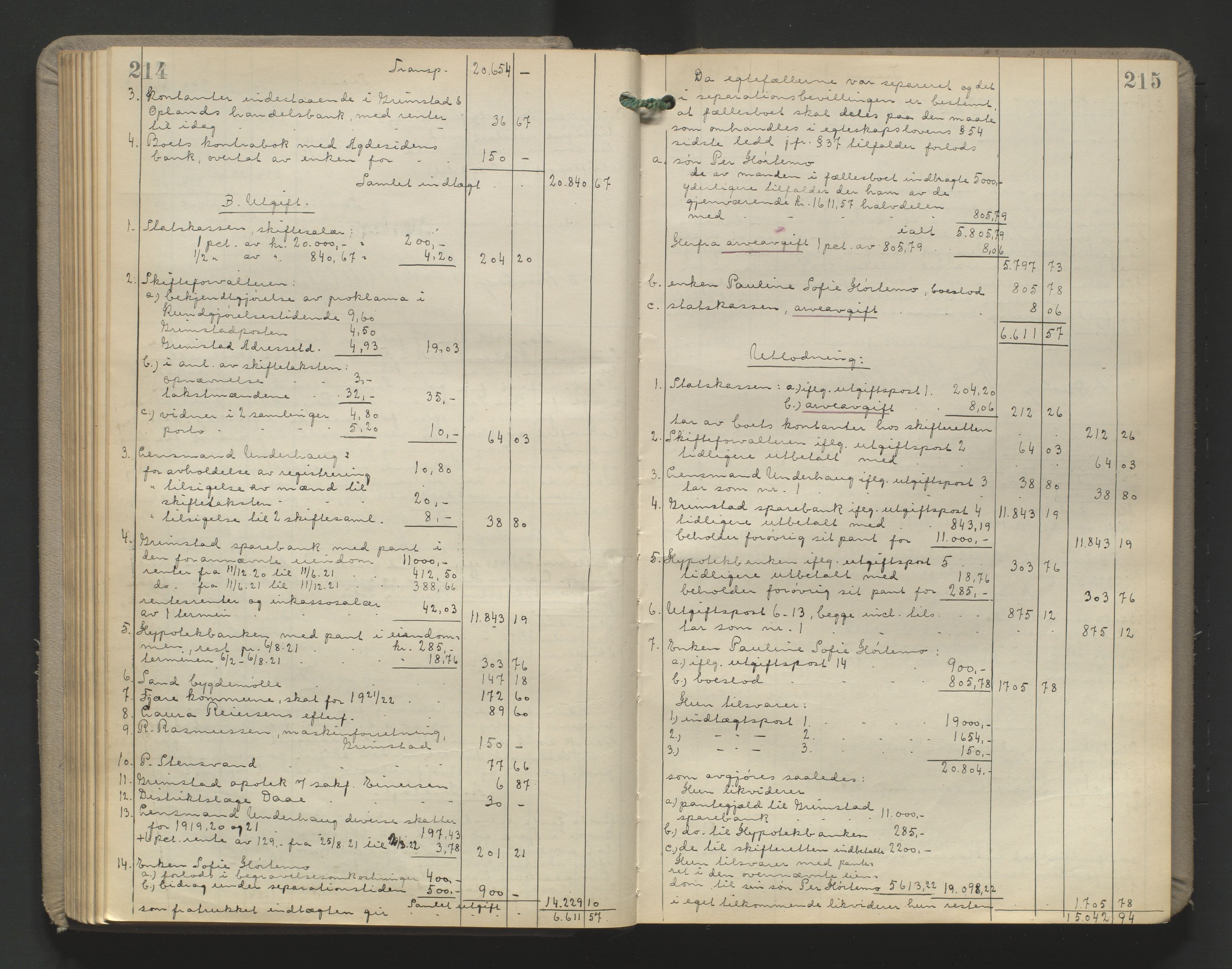 Vestre Nedenes/Sand sorenskriveri, AV/SAK-1221-0010/H/Hc/L0022: Skifteutlodningsprotokoll nr. 9, 1919-1932, p. 214-215