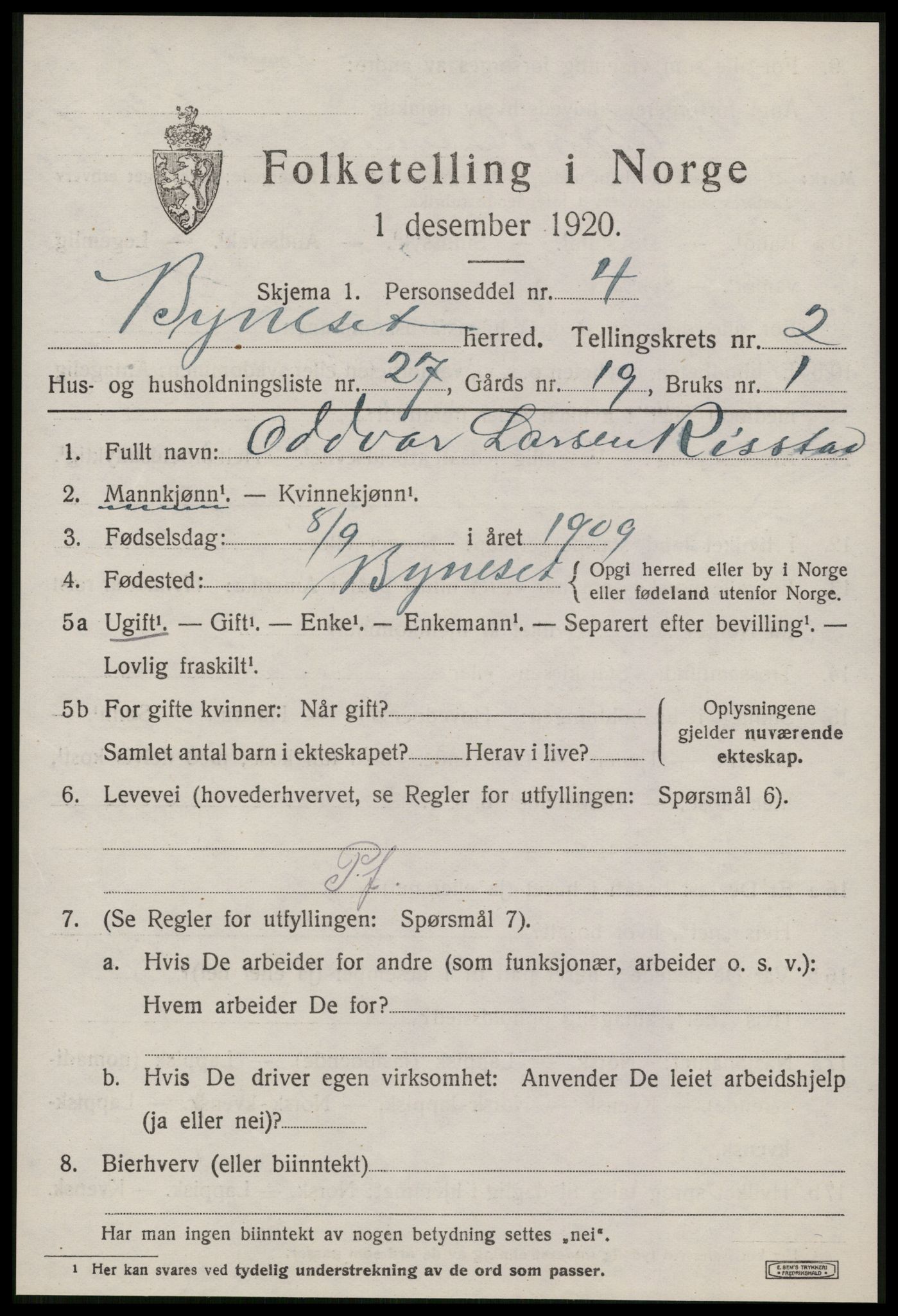 SAT, 1920 census for Byneset, 1920, p. 1578