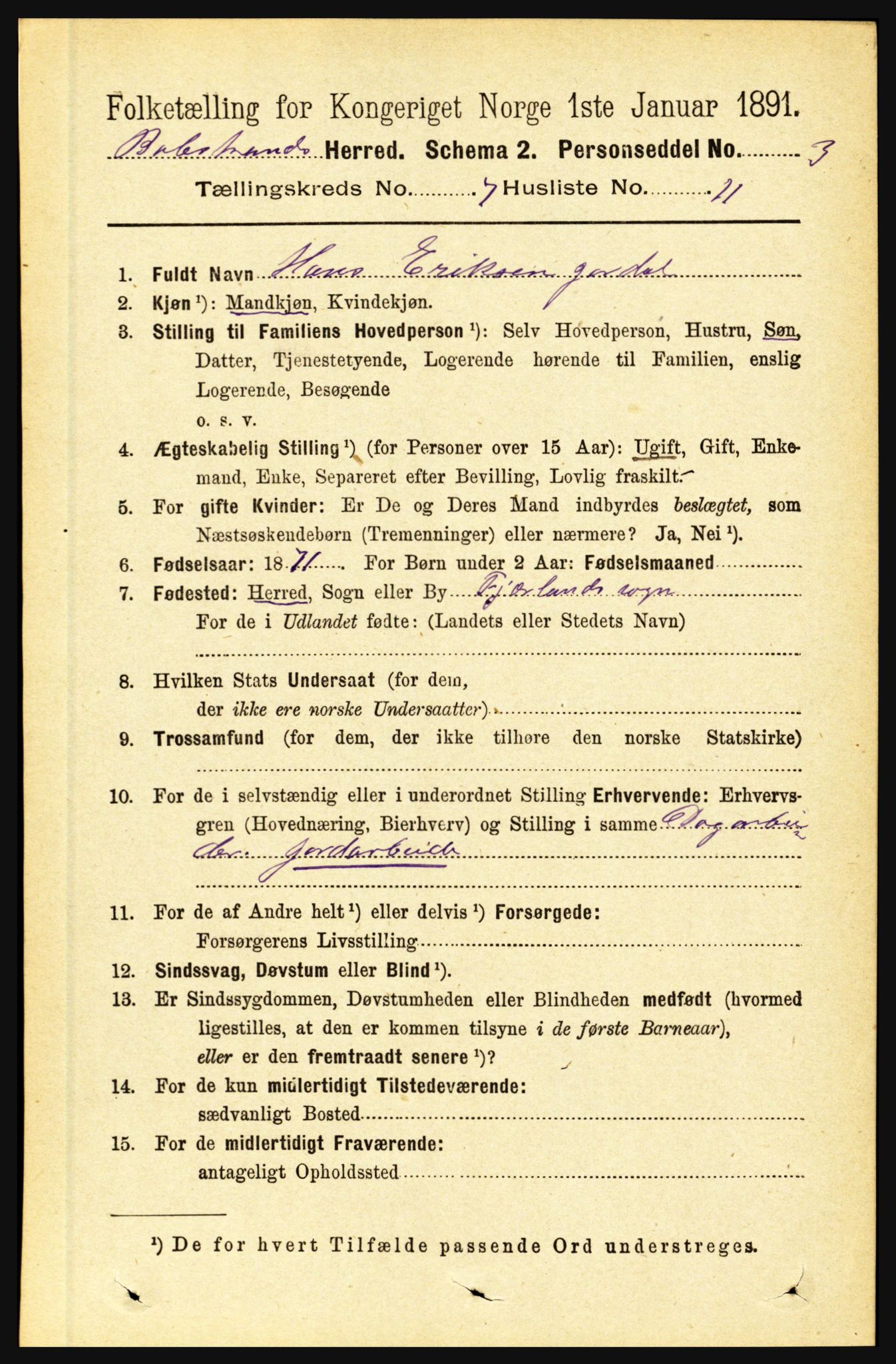 RA, 1891 census for 1418 Balestrand, 1891, p. 1590
