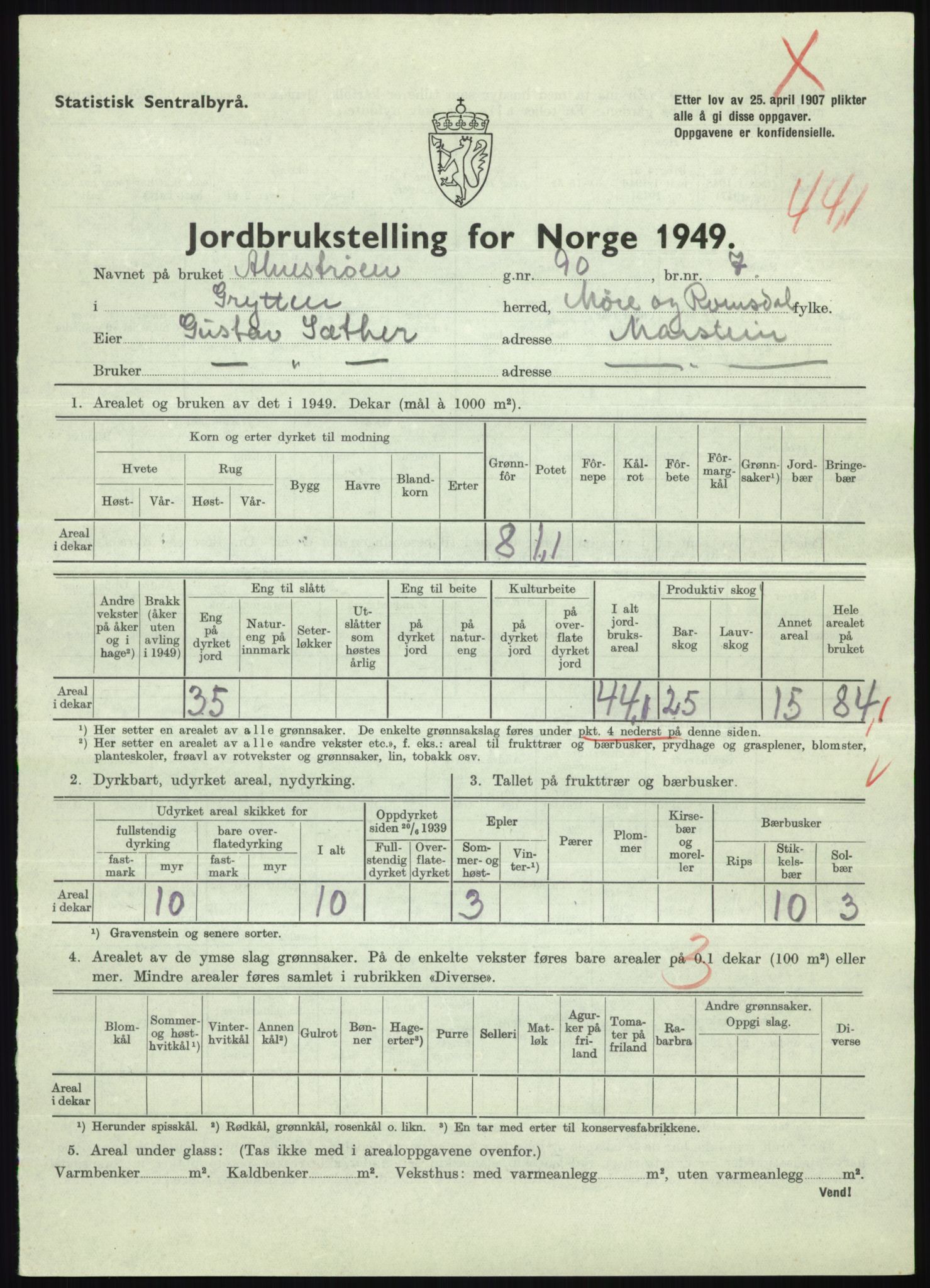 Statistisk sentralbyrå, Næringsøkonomiske emner, Jordbruk, skogbruk, jakt, fiske og fangst, AV/RA-S-2234/G/Gc/L0323: Møre og Romsdal: Grytten og Hen, 1949, p. 237