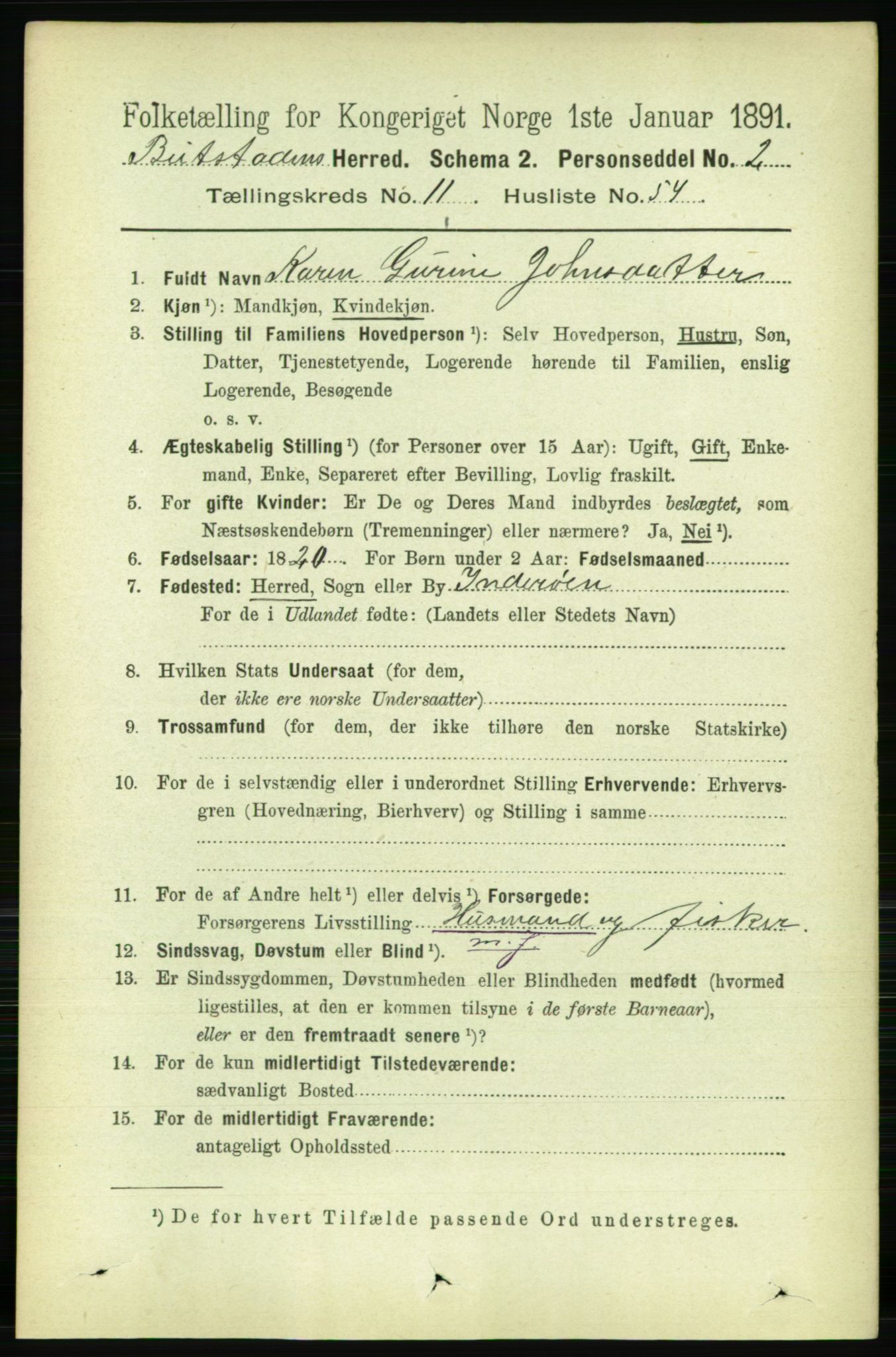 RA, 1891 census for 1727 Beitstad, 1891, p. 3311