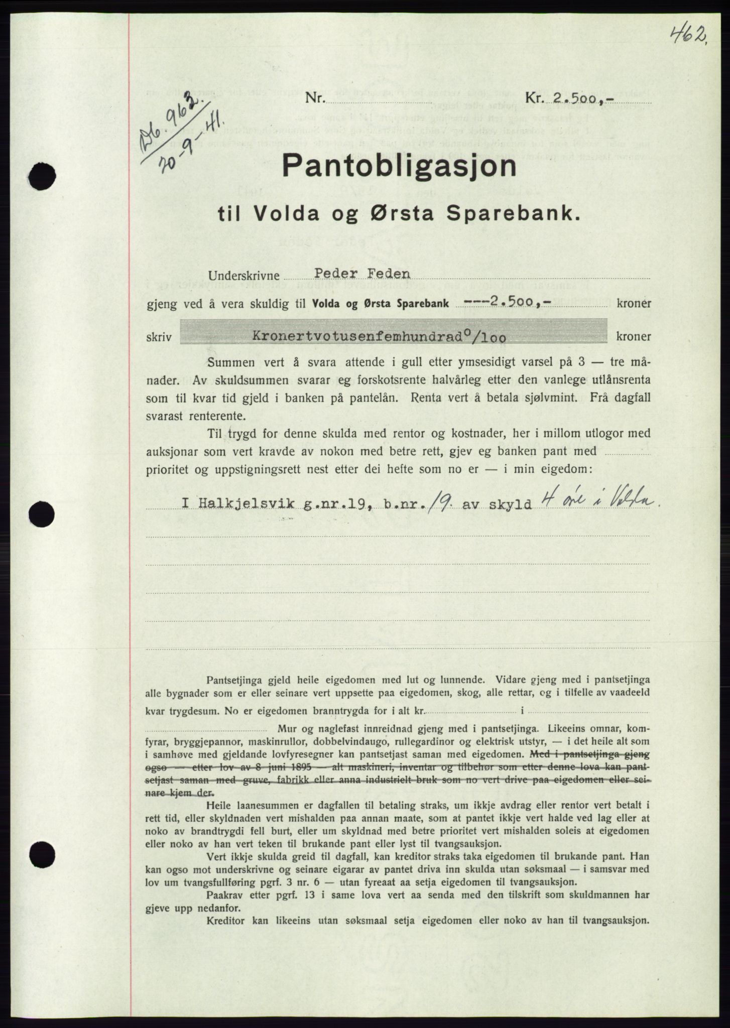 Søre Sunnmøre sorenskriveri, AV/SAT-A-4122/1/2/2C/L0071: Mortgage book no. 65, 1941-1941, Diary no: : 963/1941