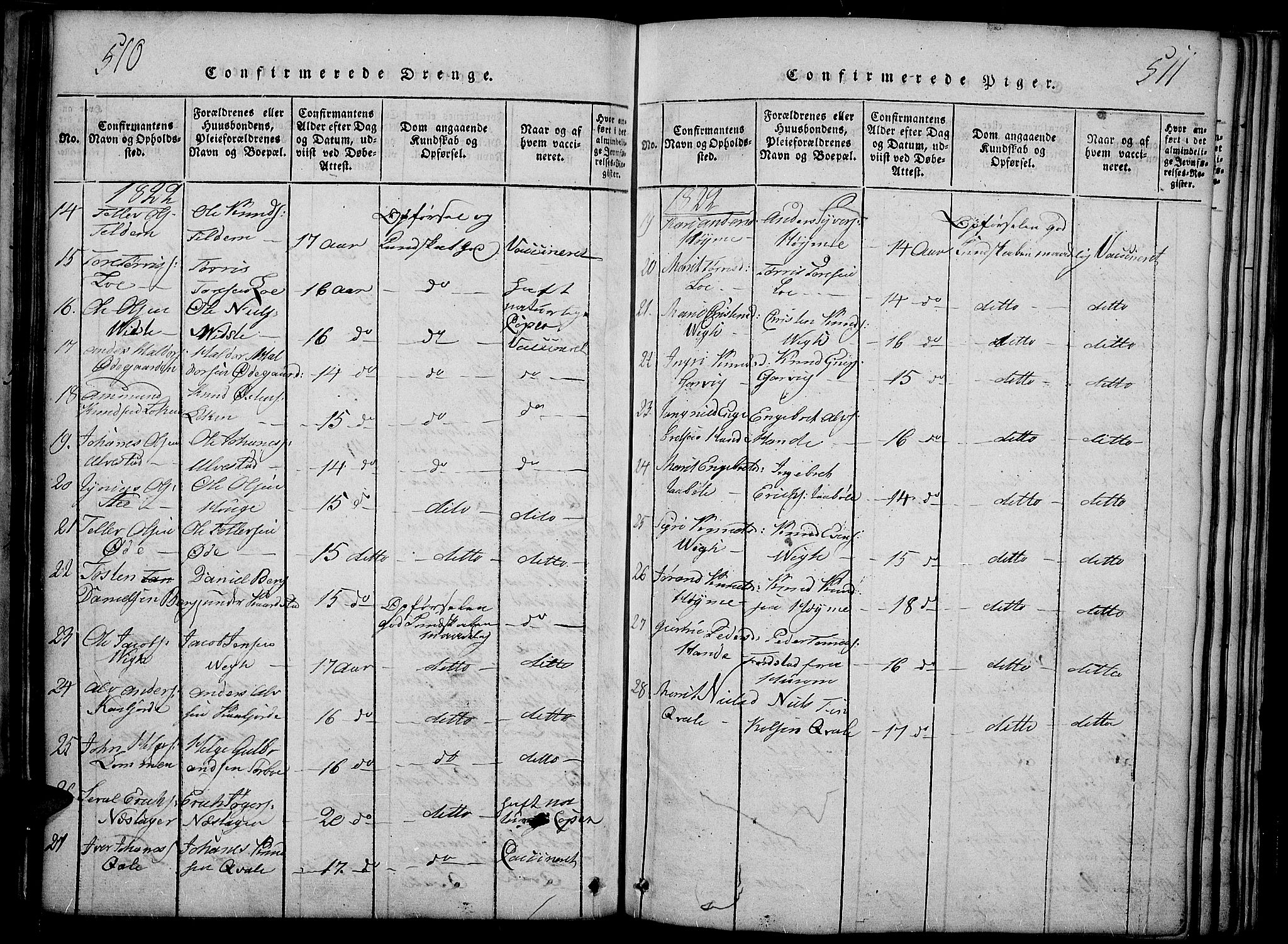 Slidre prestekontor, SAH/PREST-134/H/Ha/Haa/L0002: Parish register (official) no. 2, 1814-1830, p. 510-511