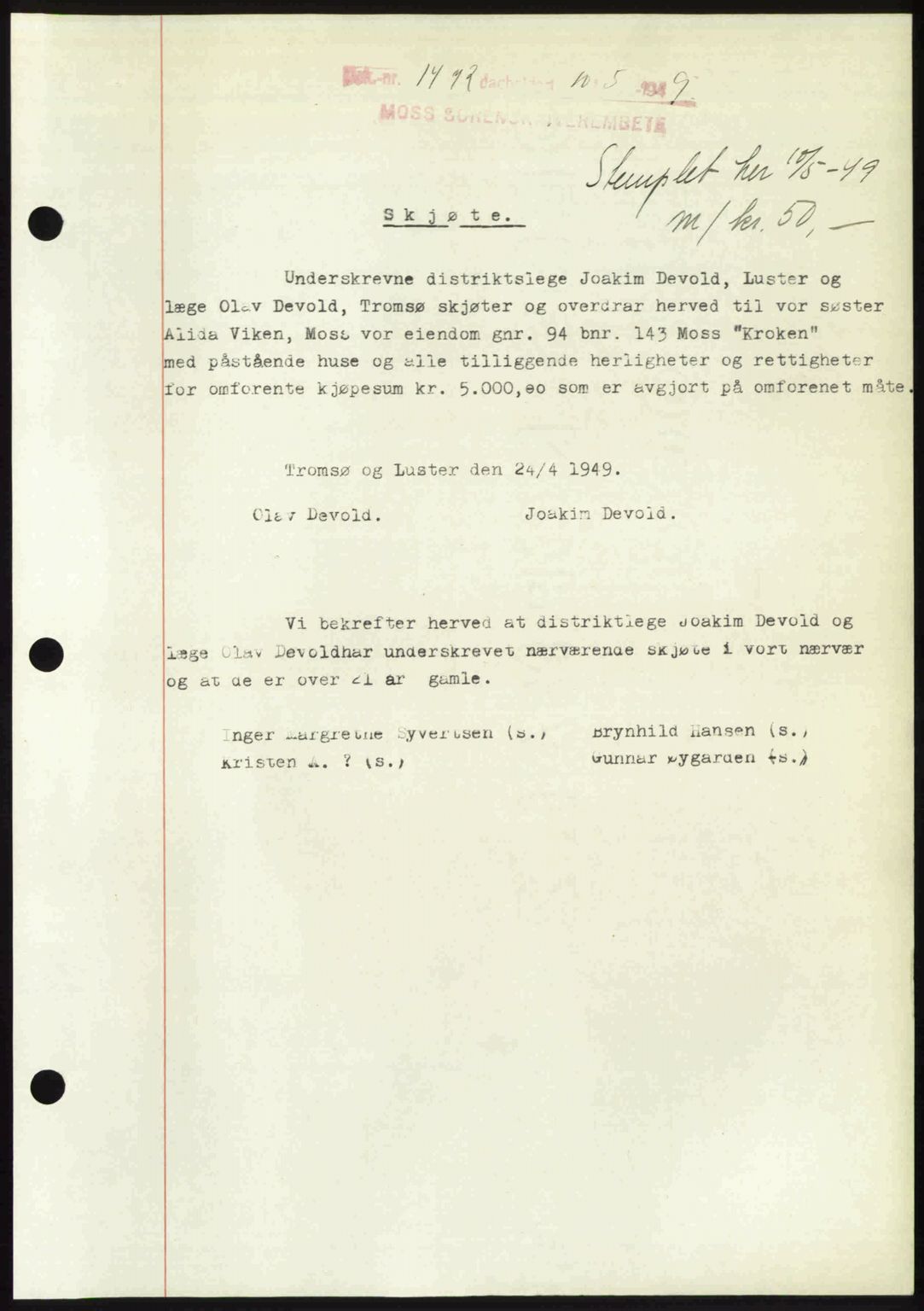 Moss sorenskriveri, AV/SAO-A-10168: Mortgage book no. A22, 1949-1949, Diary no: : 1472/1949