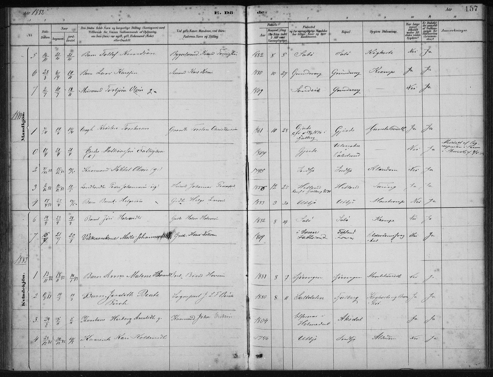 Fjelberg sokneprestembete, SAB/A-75201/H/Haa: Parish register (official) no. B  1, 1879-1919, p. 157