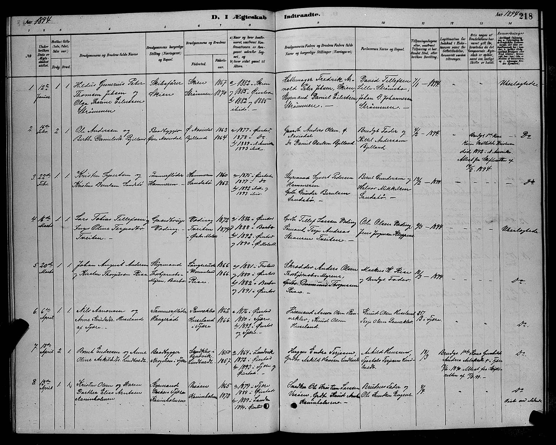Øyestad sokneprestkontor, SAK/1111-0049/F/Fb/L0009: Parish register (copy) no. B 9, 1886-1896, p. 218