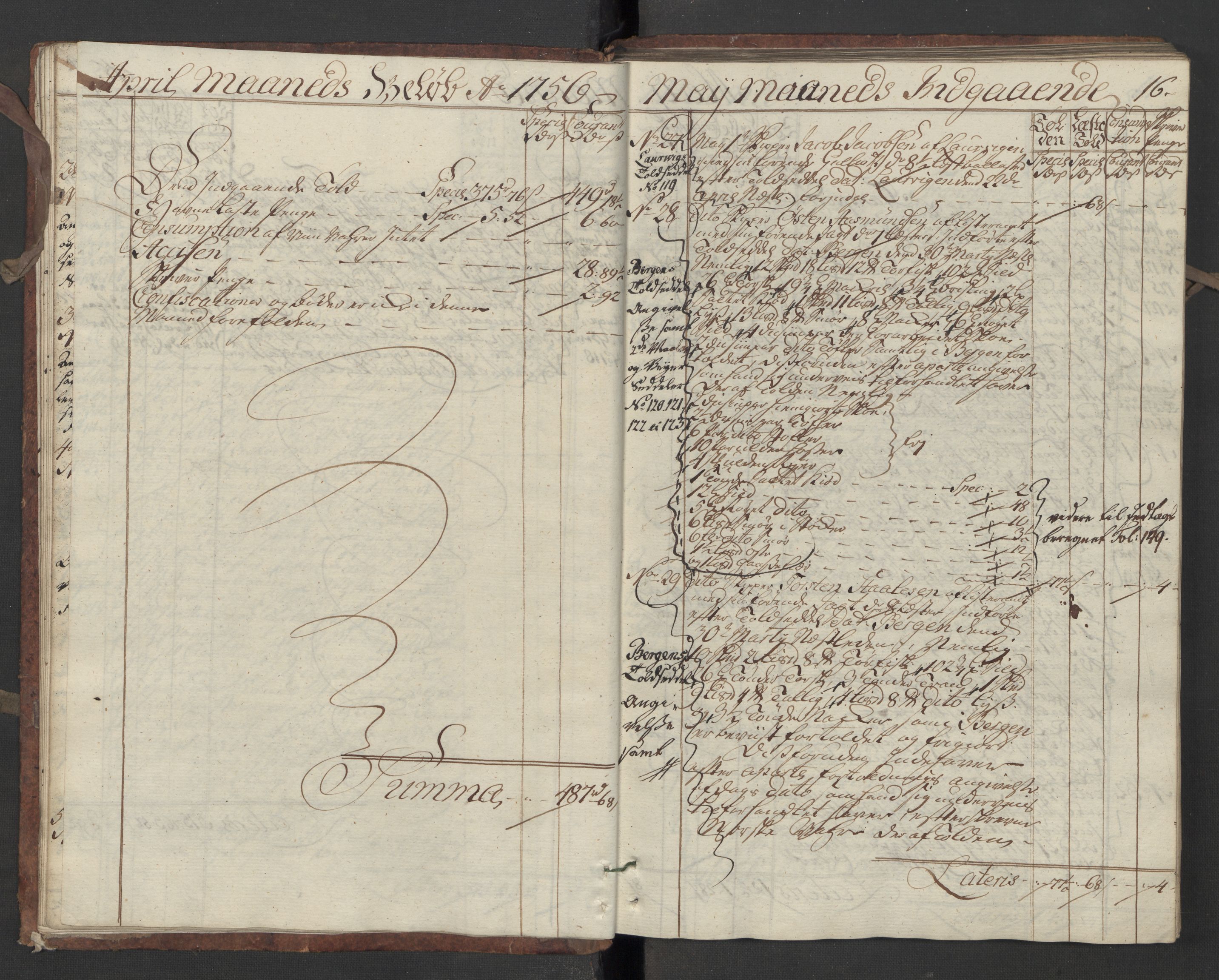 Generaltollkammeret, tollregnskaper, AV/RA-EA-5490/R13/L0020/0001: Tollregnskaper Kragerø / Inngående hovedtollbok, 1756, p. 15b-16a