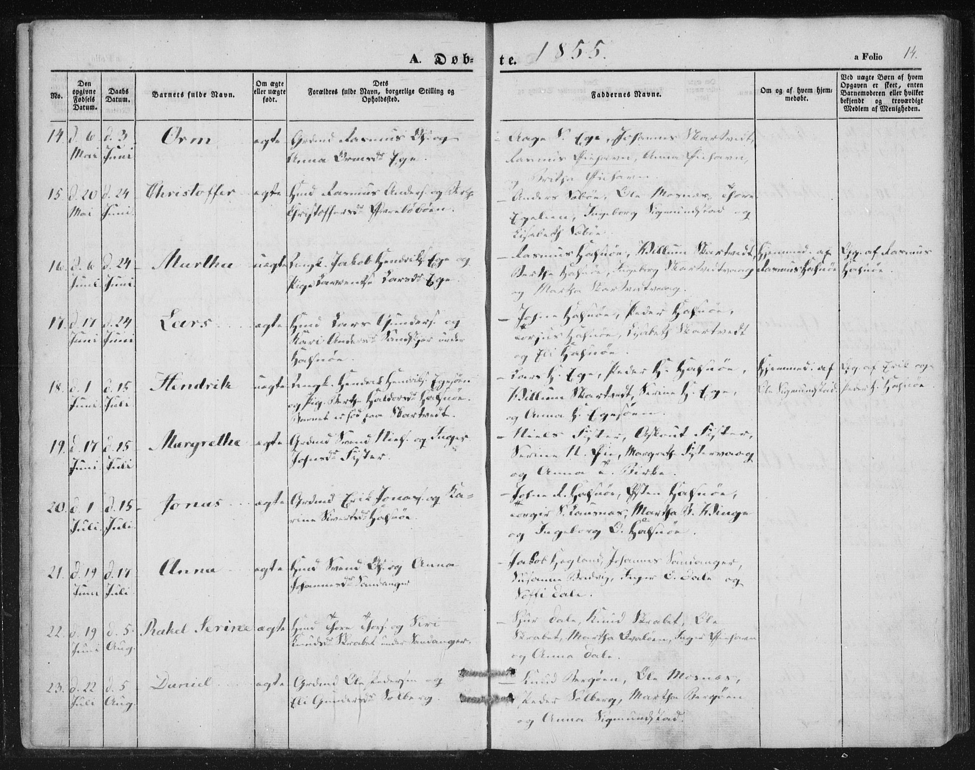 Hjelmeland sokneprestkontor, AV/SAST-A-101843/01/IV/L0010: Parish register (official) no. A 10, 1851-1871, p. 14