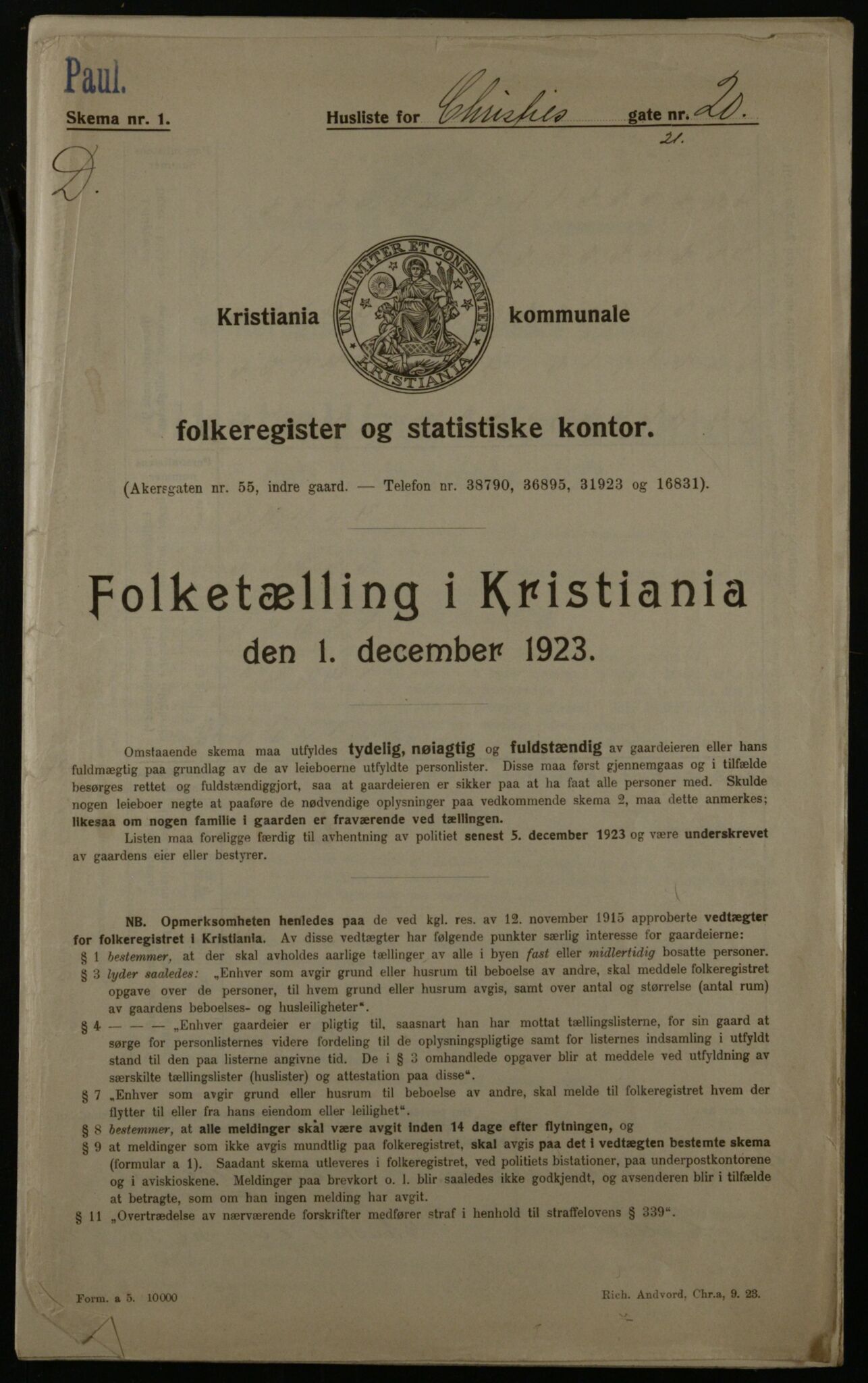 OBA, Municipal Census 1923 for Kristiania, 1923, p. 13669