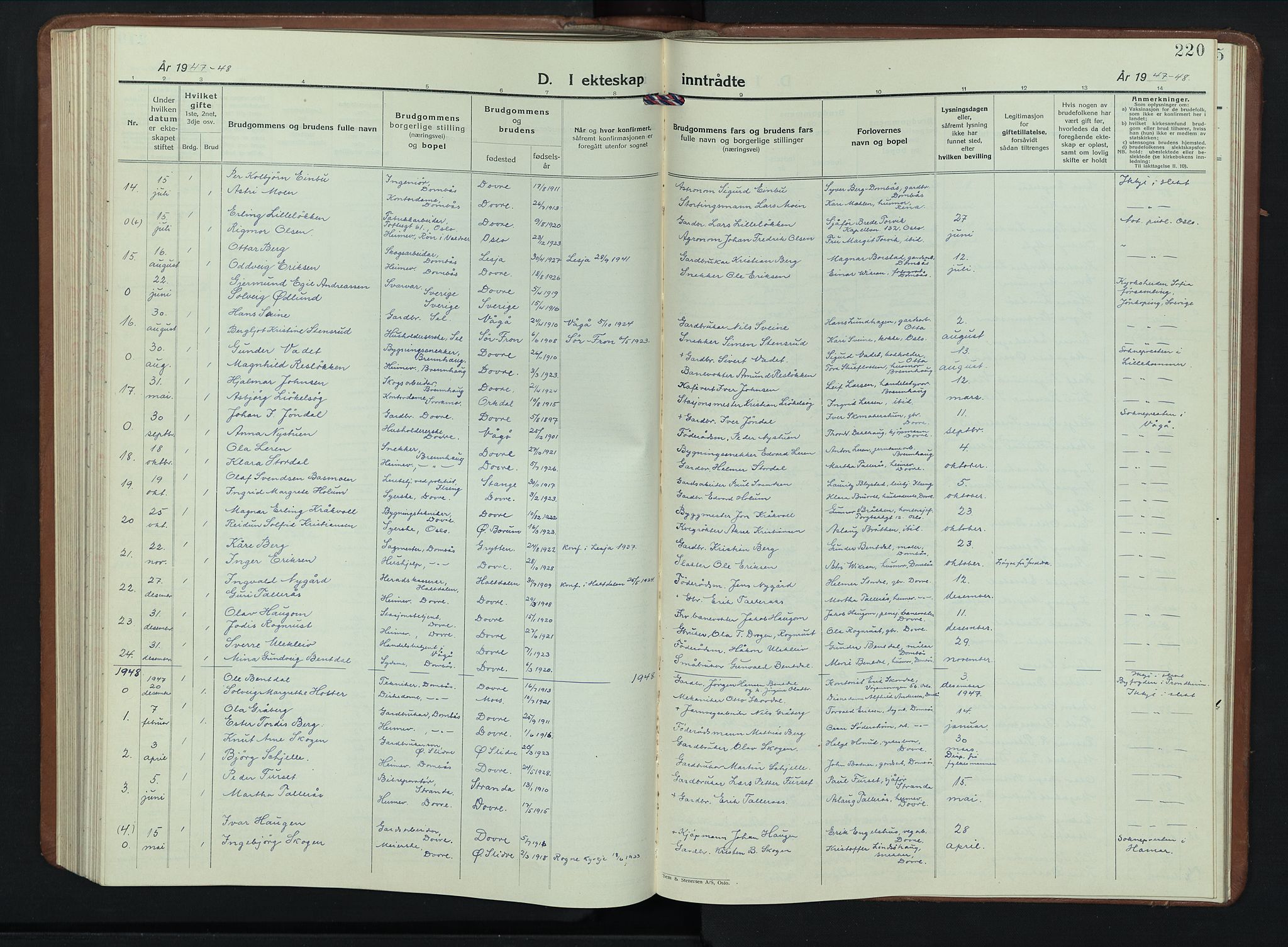 Dovre prestekontor, AV/SAH-PREST-066/H/Ha/Hab/L0004: Parish register (copy) no. 4, 1926-1949, p. 220