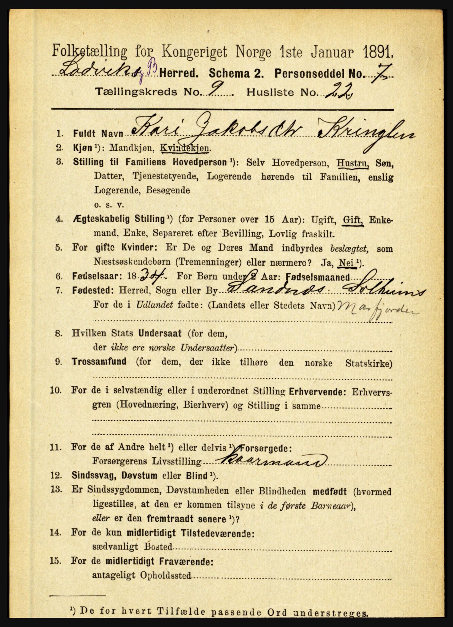 RA, 1891 census for 1415 Lavik og Brekke, 1891, p. 1954