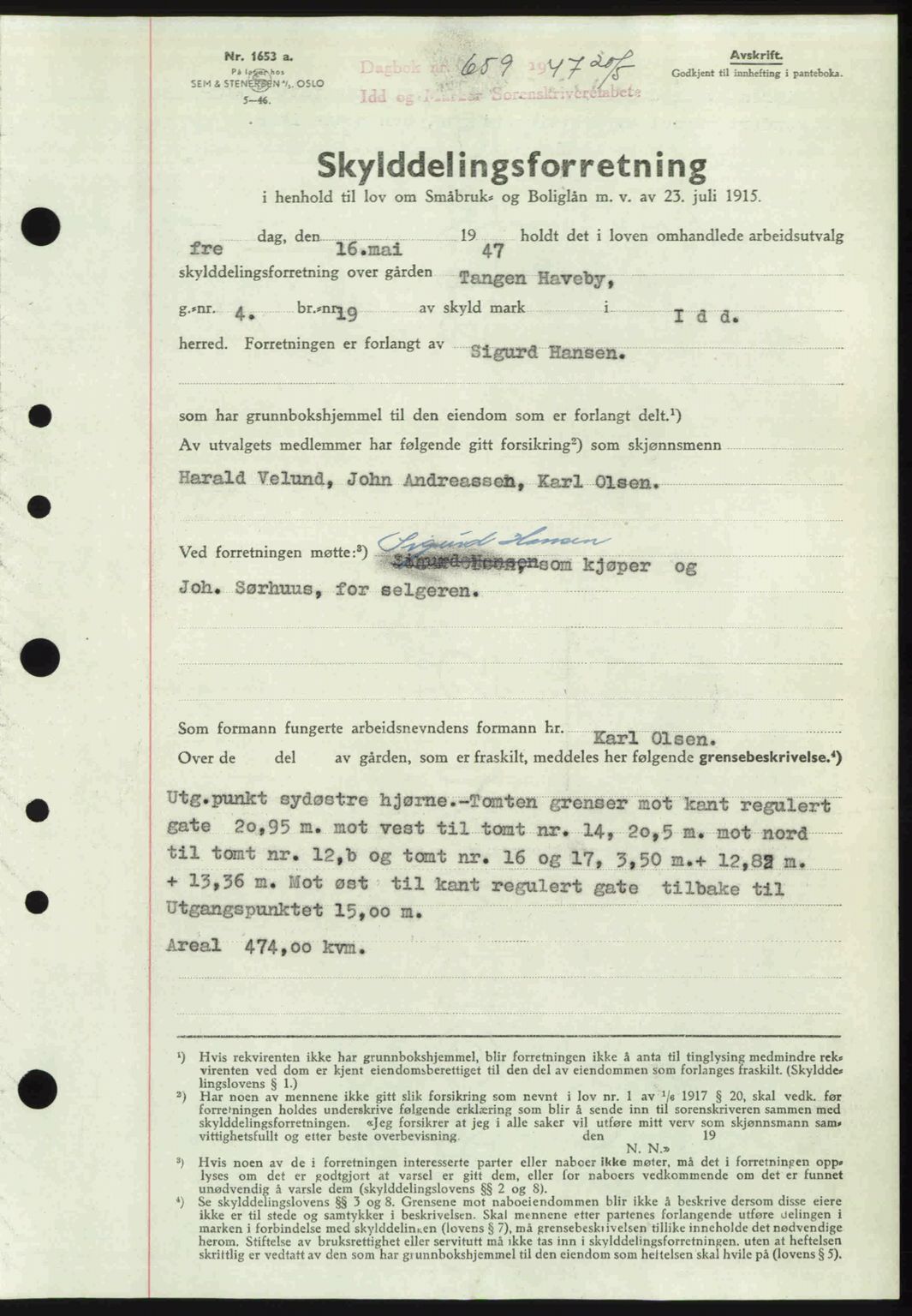 Idd og Marker sorenskriveri, SAO/A-10283/G/Gb/Gbb/L0009: Mortgage book no. A9, 1946-1947, Diary no: : 659/1947