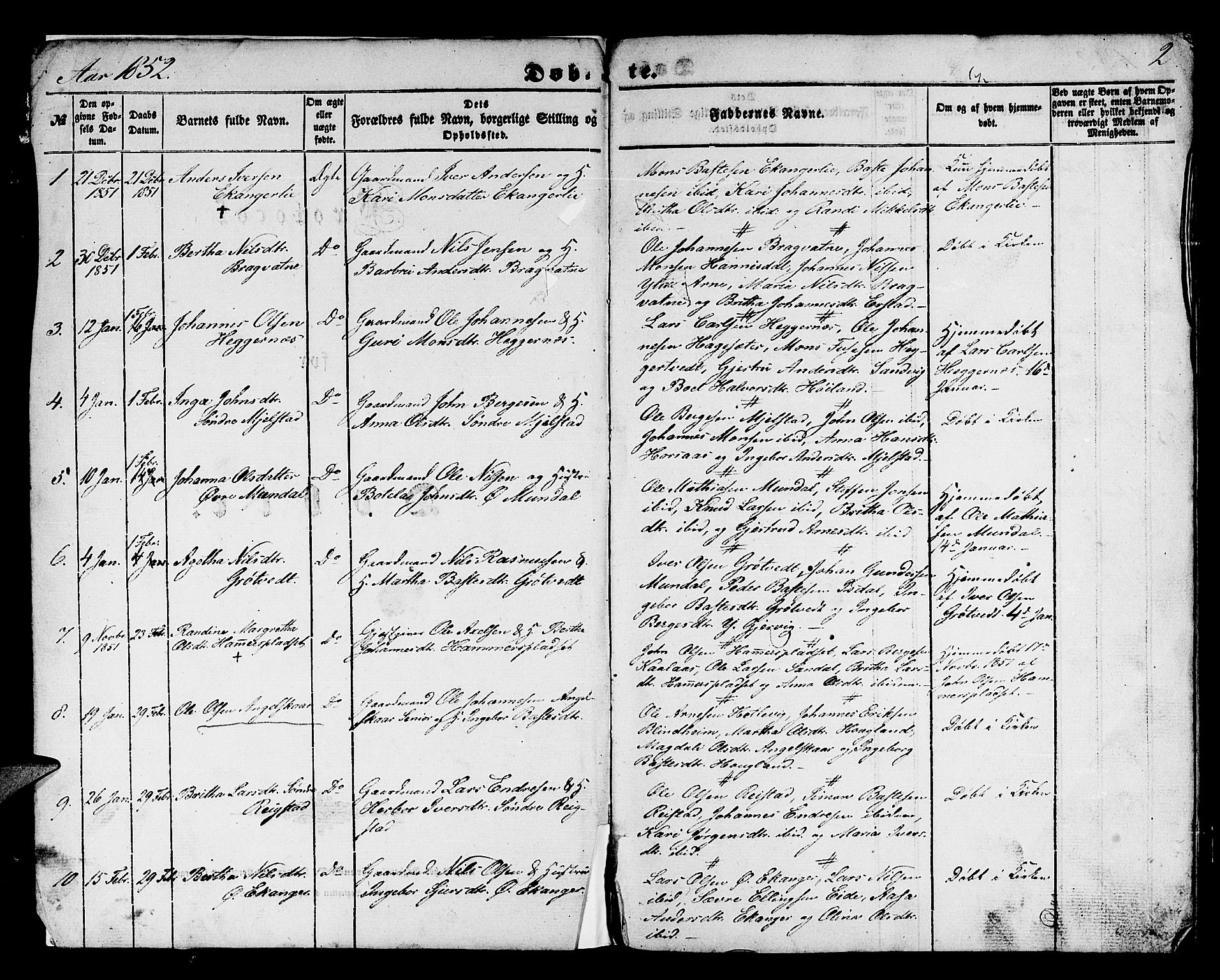 Hamre sokneprestembete, SAB/A-75501/H/Ha/Hab: Parish register (copy) no. B 1, 1852-1863, p. 2