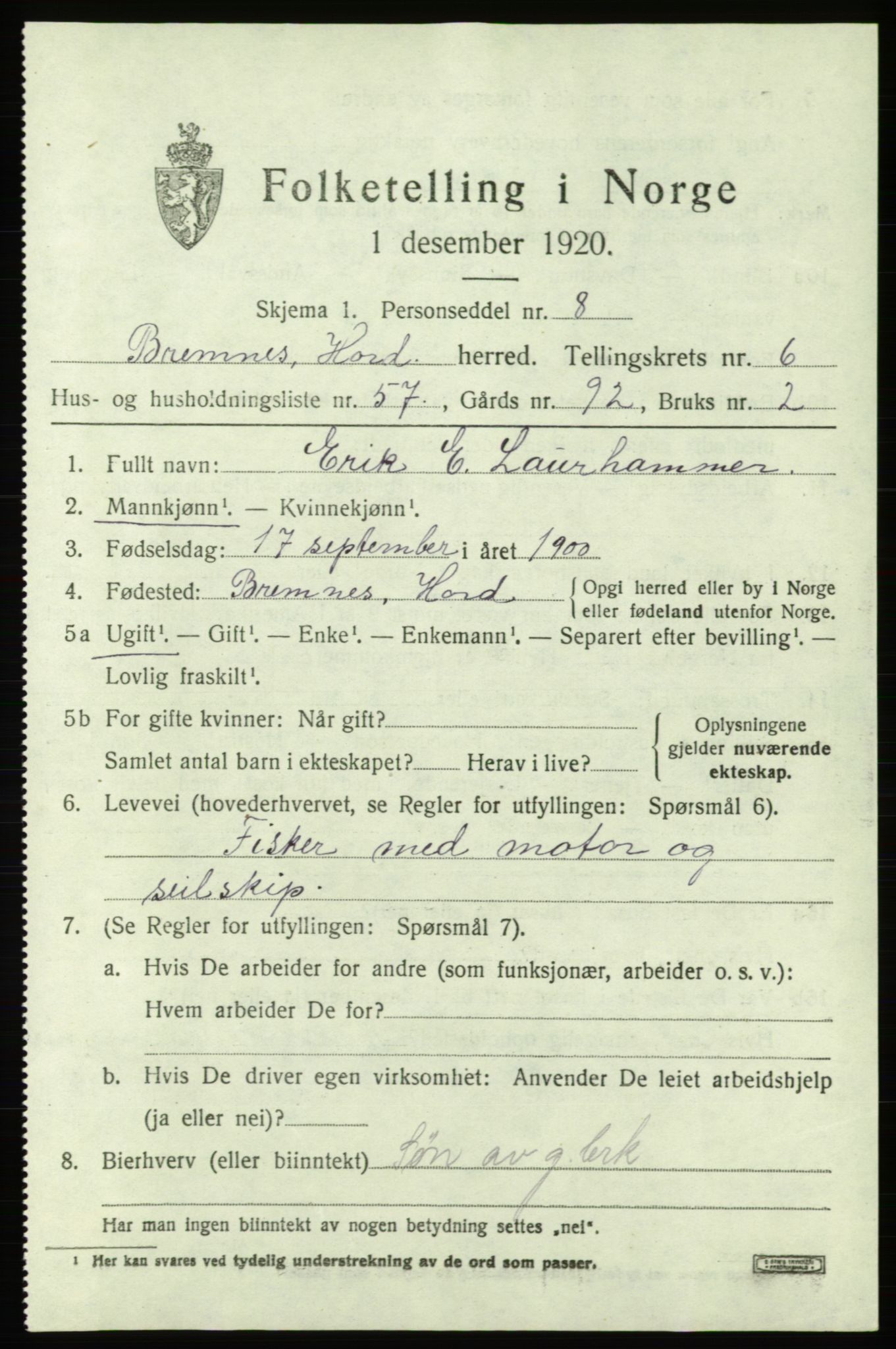 SAB, 1920 census for Bremnes, 1920, p. 3996