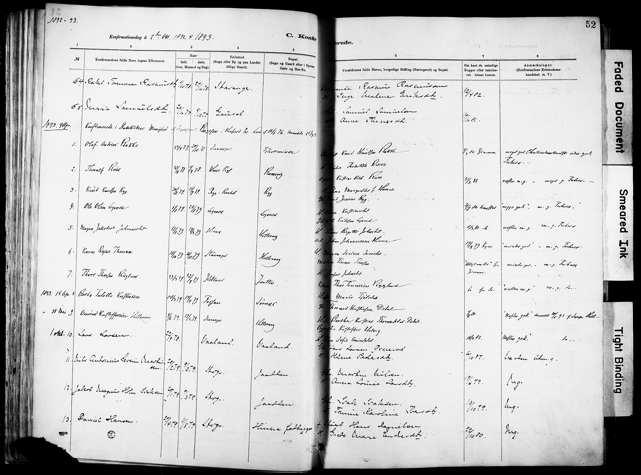 Hetland sokneprestkontor, SAST/A-101826/30/30BA/L0012: Parish register (official) no. A 12, 1882-1912, p. 52