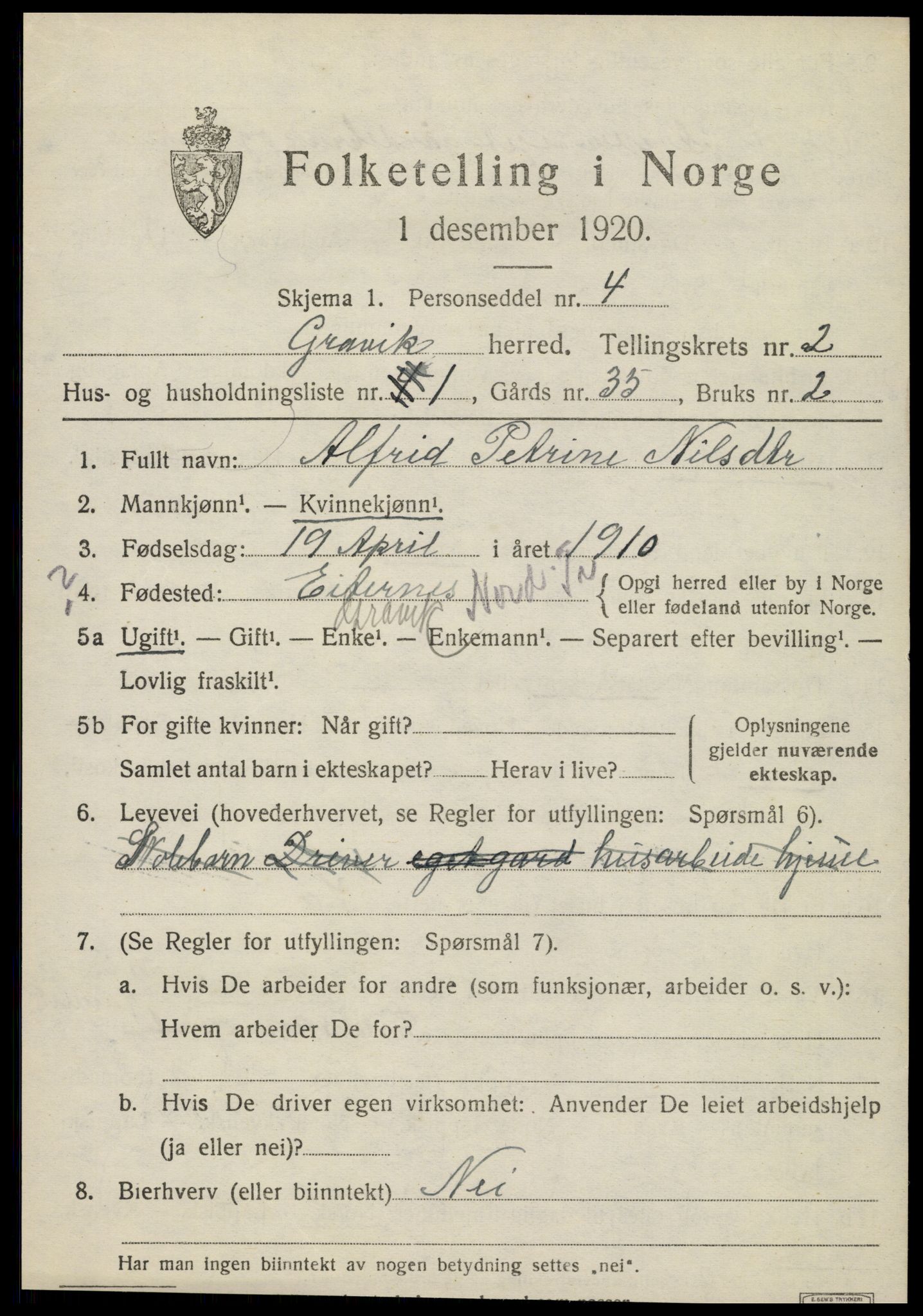 SAT, 1920 census for Gravvik, 1920, p. 866