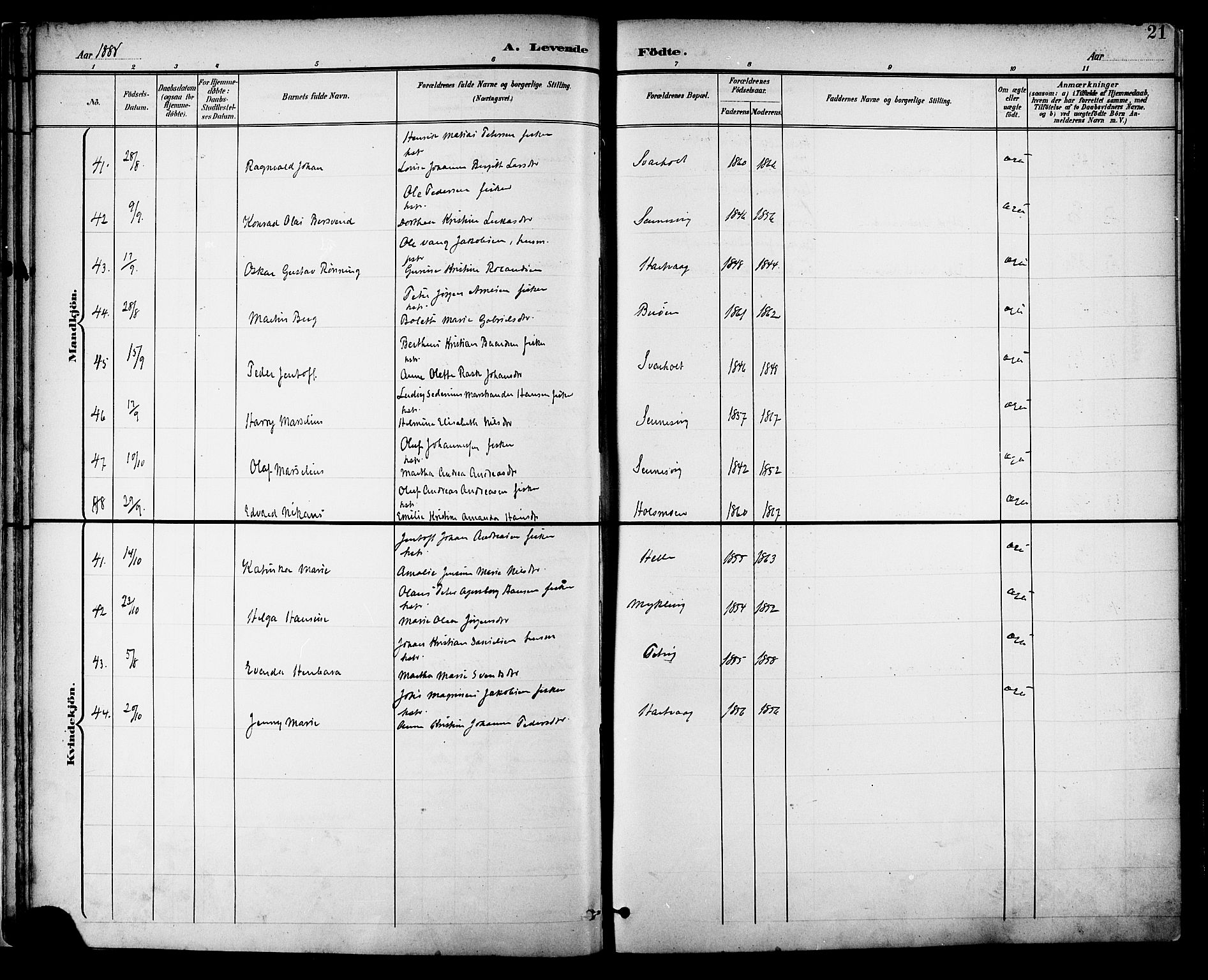 Ministerialprotokoller, klokkerbøker og fødselsregistre - Nordland, AV/SAT-A-1459/882/L1179: Parish register (official) no. 882A01, 1886-1898, p. 21