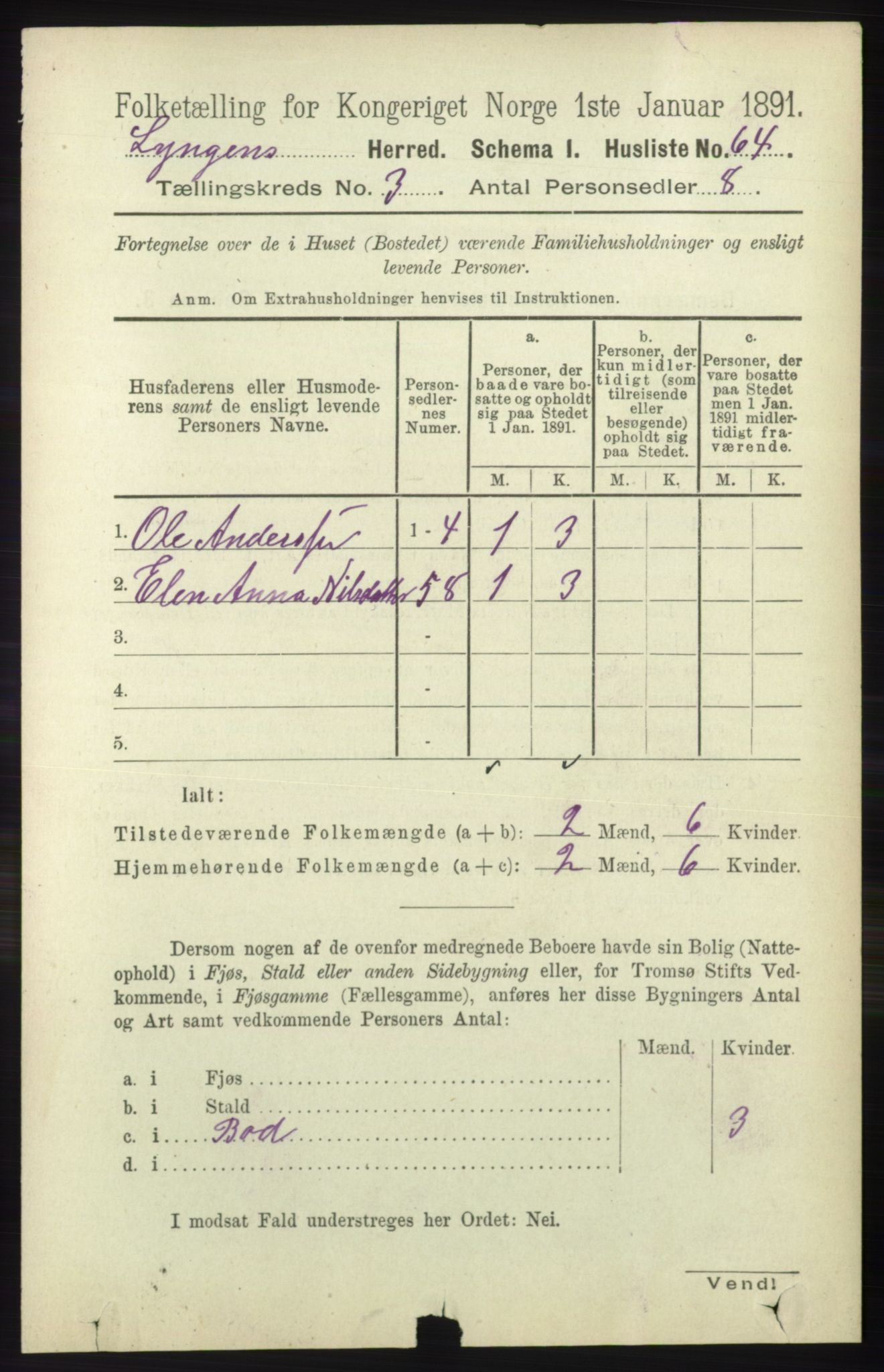 RA, 1891 census for 1938 Lyngen, 1891, p. 3133