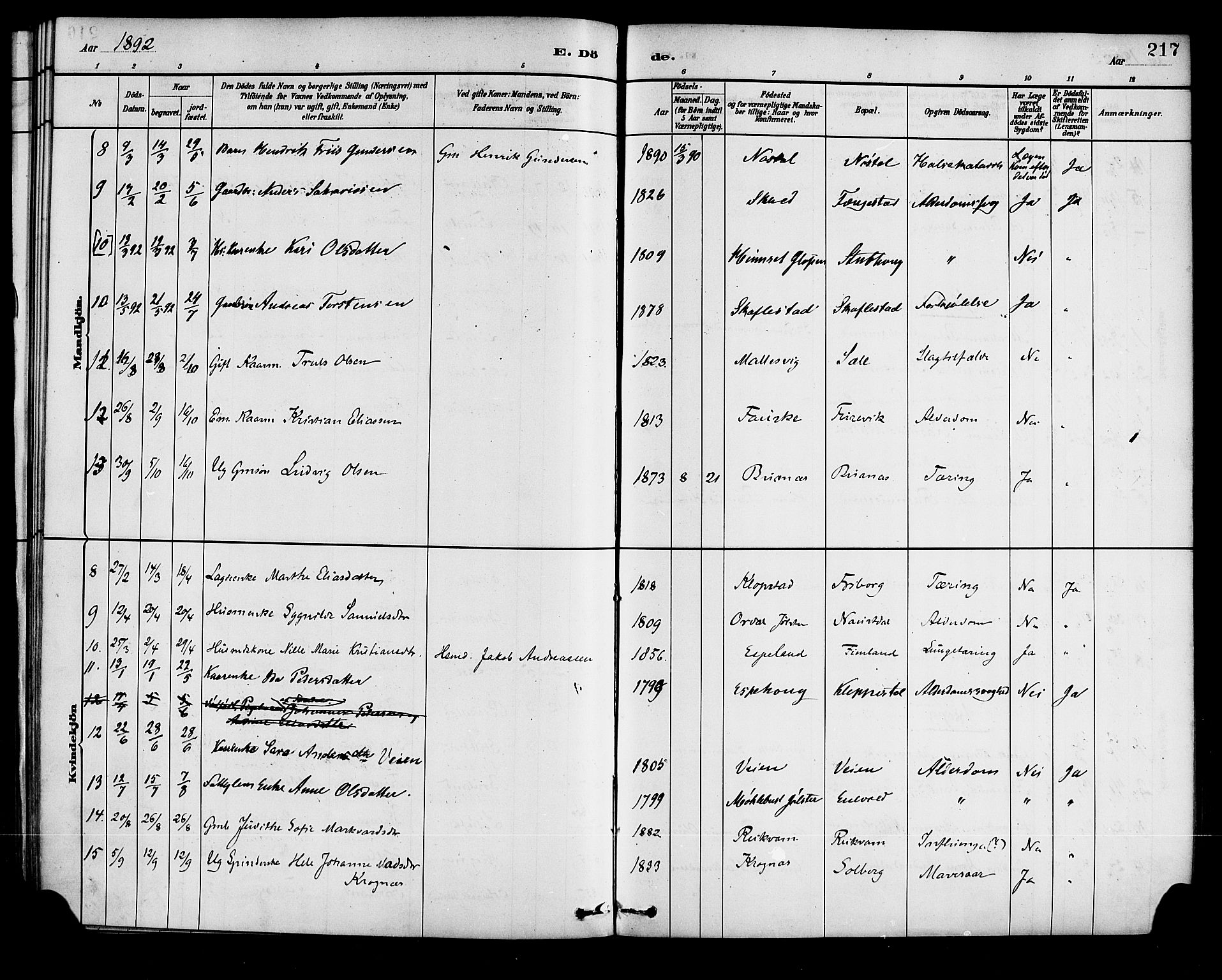 Førde sokneprestembete, AV/SAB-A-79901/H/Haa/Haad/L0001: Parish register (official) no. D 1, 1881-1898, p. 217