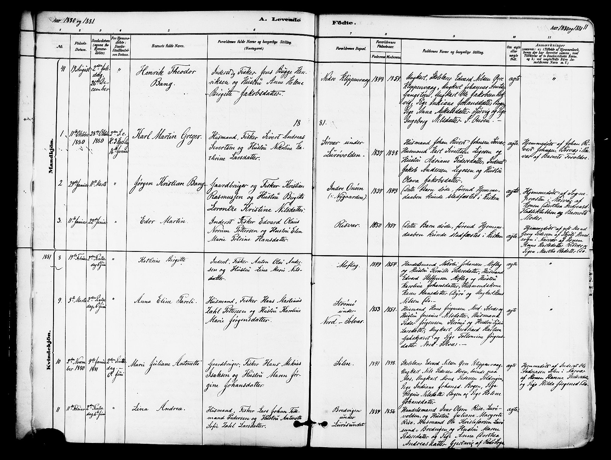 Ministerialprotokoller, klokkerbøker og fødselsregistre - Nordland, SAT/A-1459/839/L0568: Parish register (official) no. 839A05, 1880-1902, p. 11