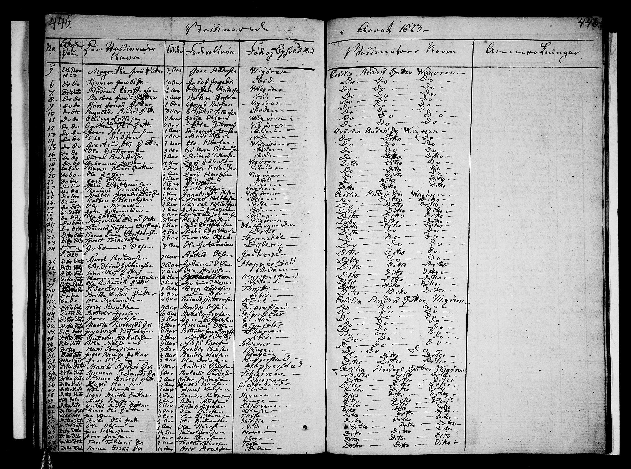 Vik sokneprestembete, SAB/A-81501: Parish register (official) no. A 6, 1821-1831, p. 445-446