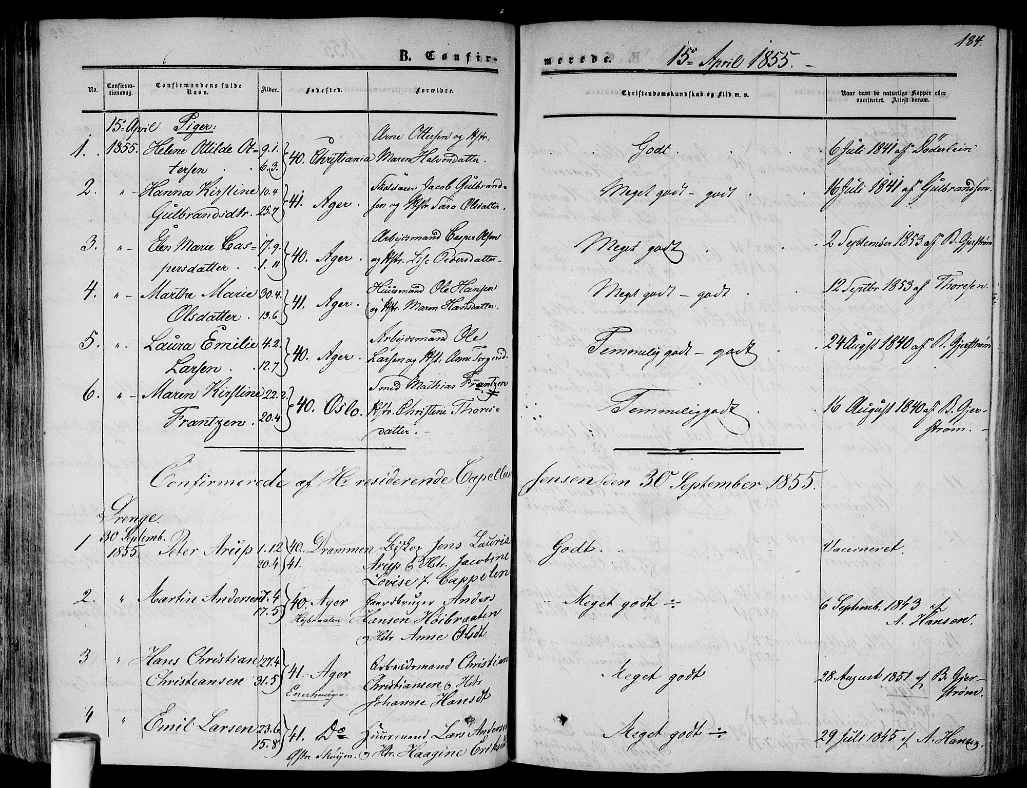 Gamlebyen prestekontor Kirkebøker, AV/SAO-A-10884/F/Fa/L0004: Parish register (official) no. 4, 1850-1857, p. 184