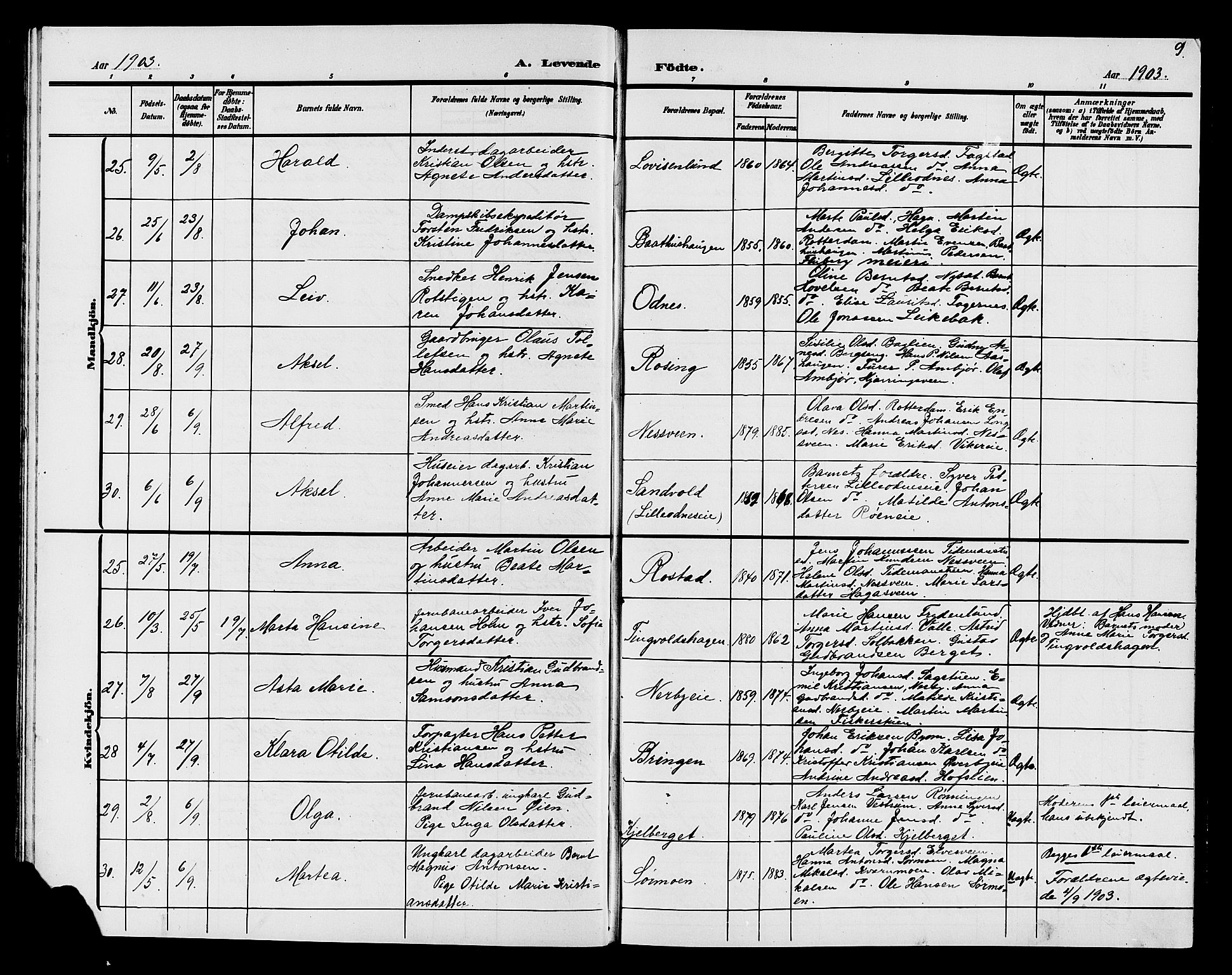 Søndre Land prestekontor, SAH/PREST-122/L/L0005: Parish register (copy) no. 5, 1902-1911, p. 9