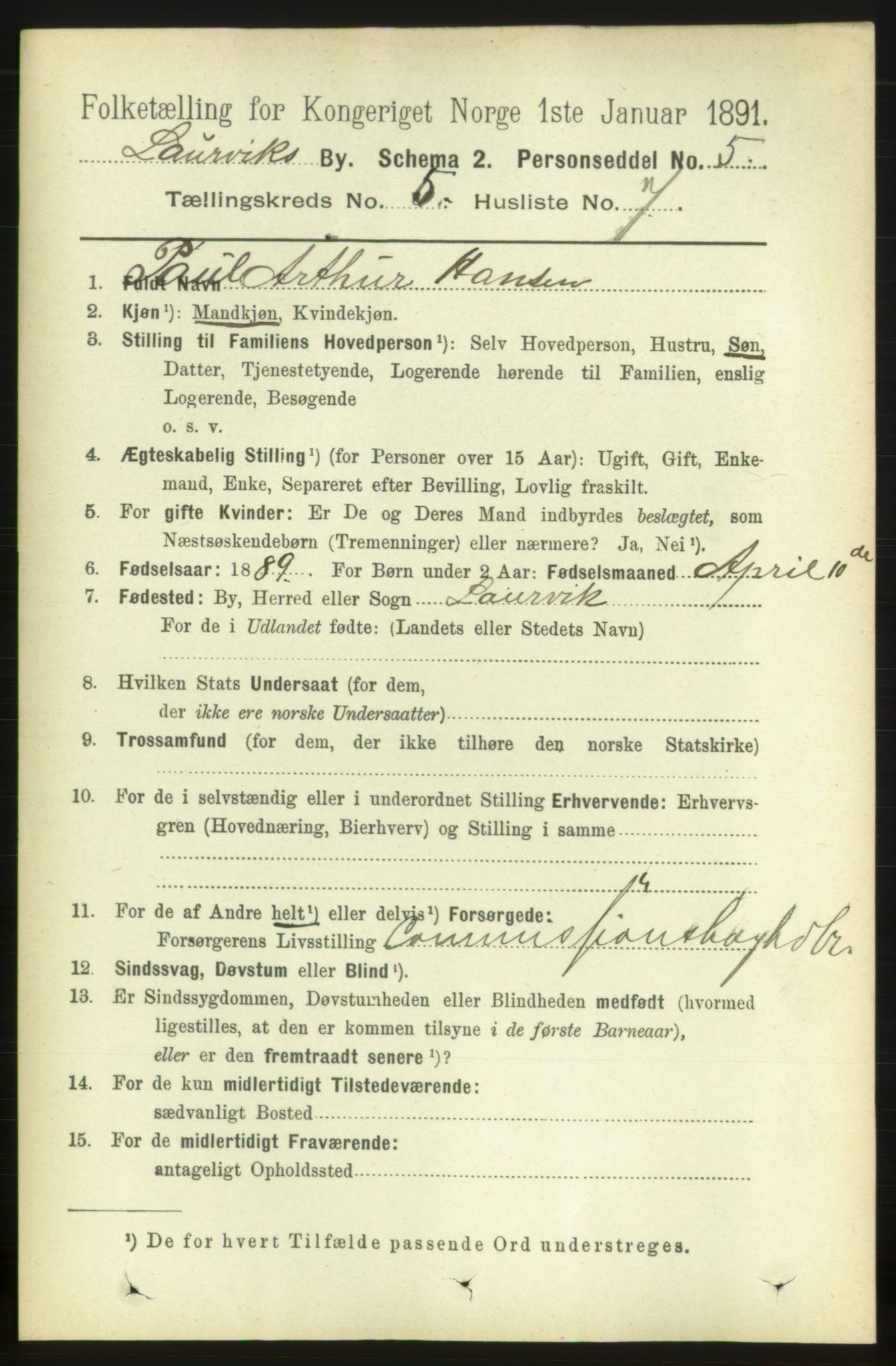 RA, 1891 census for 0707 Larvik, 1891, p. 6052