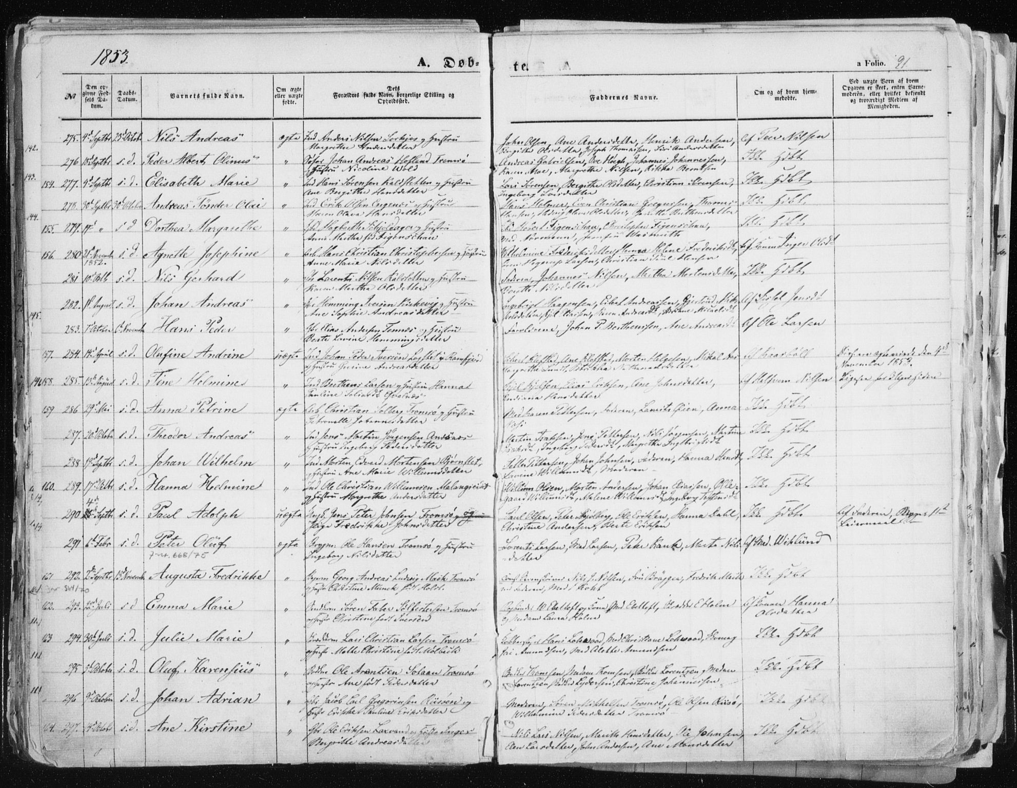 Tromsø sokneprestkontor/stiftsprosti/domprosti, AV/SATØ-S-1343/G/Ga/L0010kirke: Parish register (official) no. 10, 1848-1855, p. 91