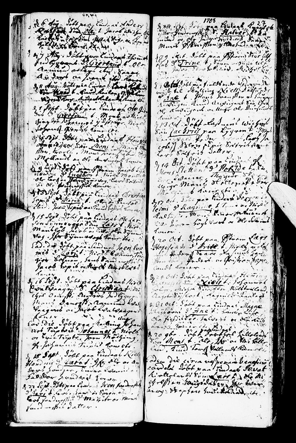 Lindås Sokneprestembete, SAB/A-76701/H/Haa: Parish register (official) no. A 1, 1699-1746, p. 27