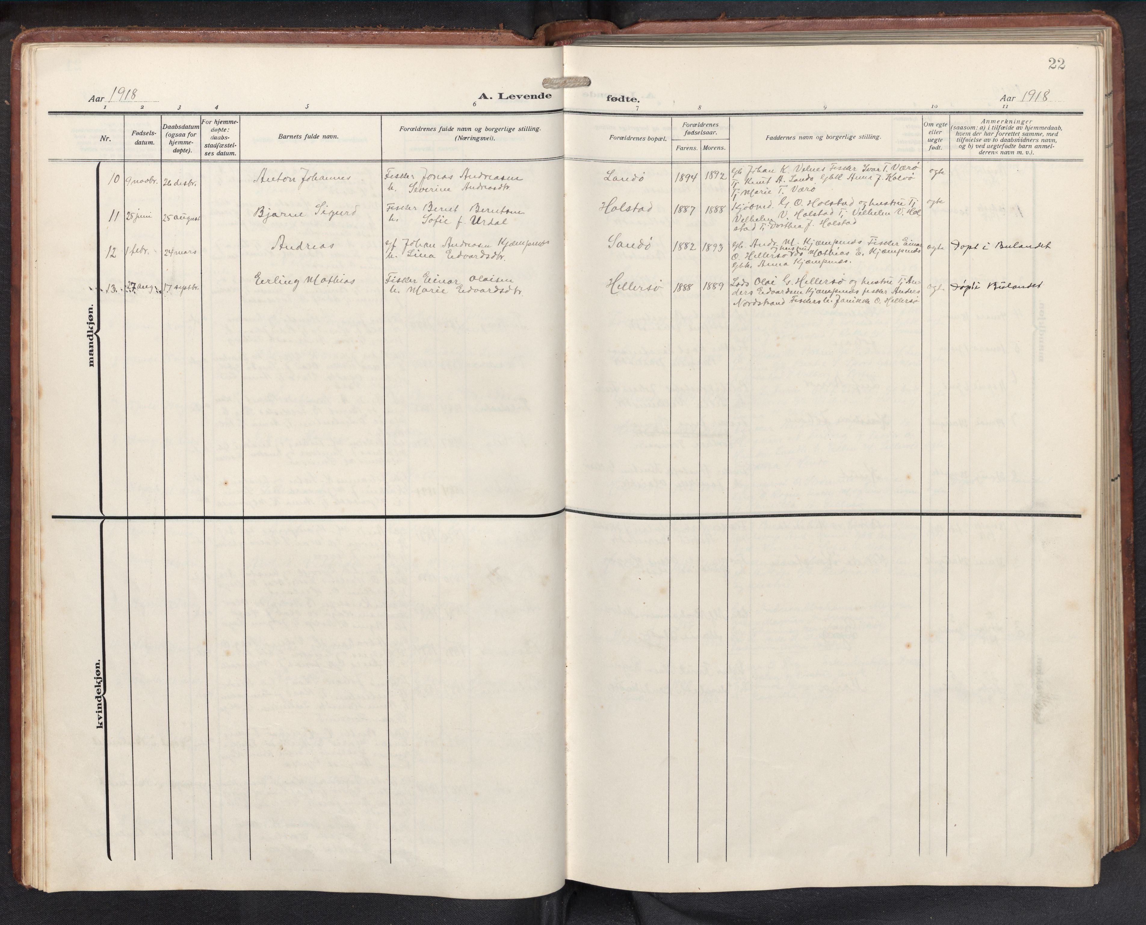 Askvoll sokneprestembete, AV/SAB-A-79501/H/Hab/Habb/L0002: Parish register (copy) no. B 2, 1910-1947, p. 21b-22a