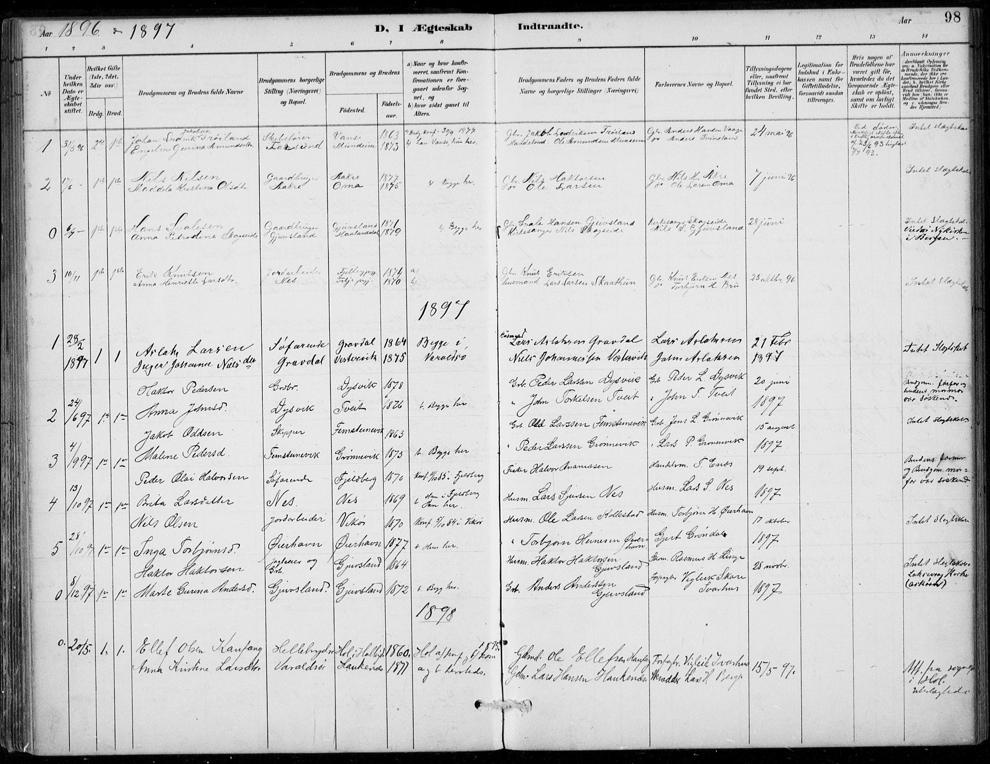 Strandebarm sokneprestembete, SAB/A-78401/H/Haa: Parish register (official) no. D  1, 1886-1912, p. 98