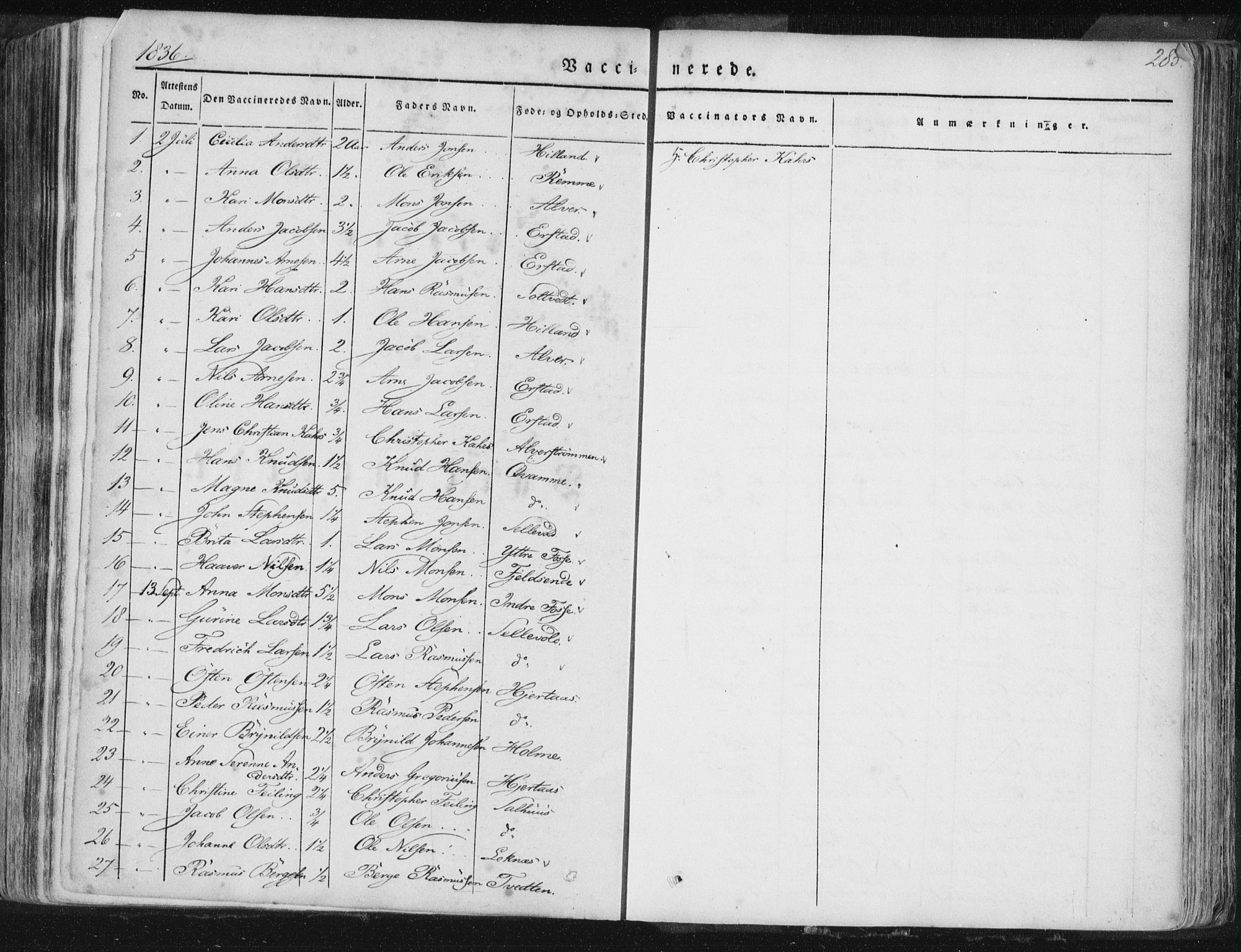 Hamre sokneprestembete, AV/SAB-A-75501/H/Ha/Haa/Haaa/L0012: Parish register (official) no. A 12, 1834-1845, p. 285