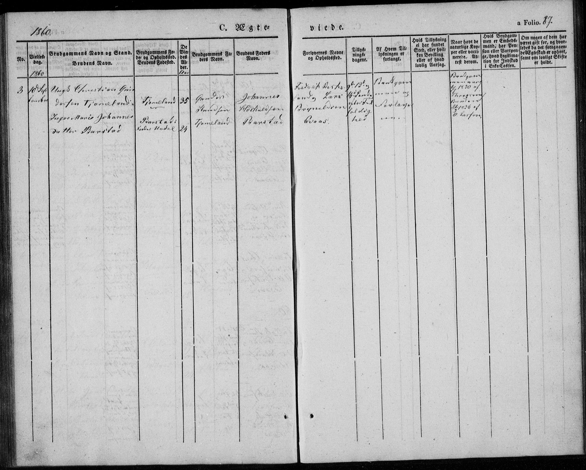 Lyngdal sokneprestkontor, AV/SAK-1111-0029/F/Fa/Fab/L0001: Parish register (official) no. A 1, 1838-1860, p. 87