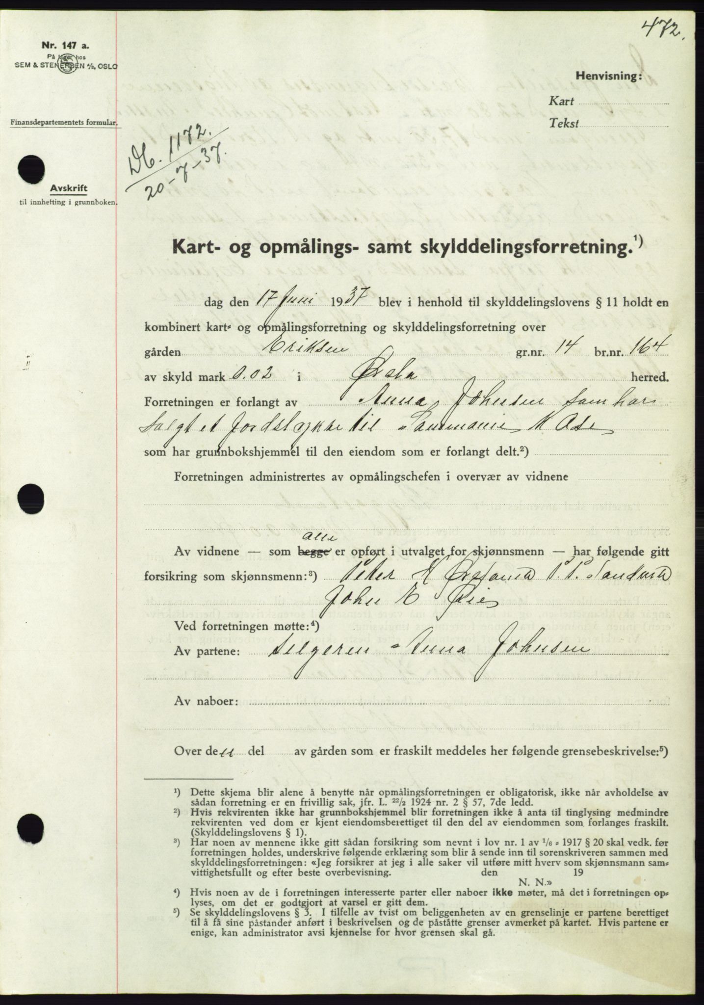 Søre Sunnmøre sorenskriveri, AV/SAT-A-4122/1/2/2C/L0063: Mortgage book no. 57, 1937-1937, Diary no: : 1172/1937