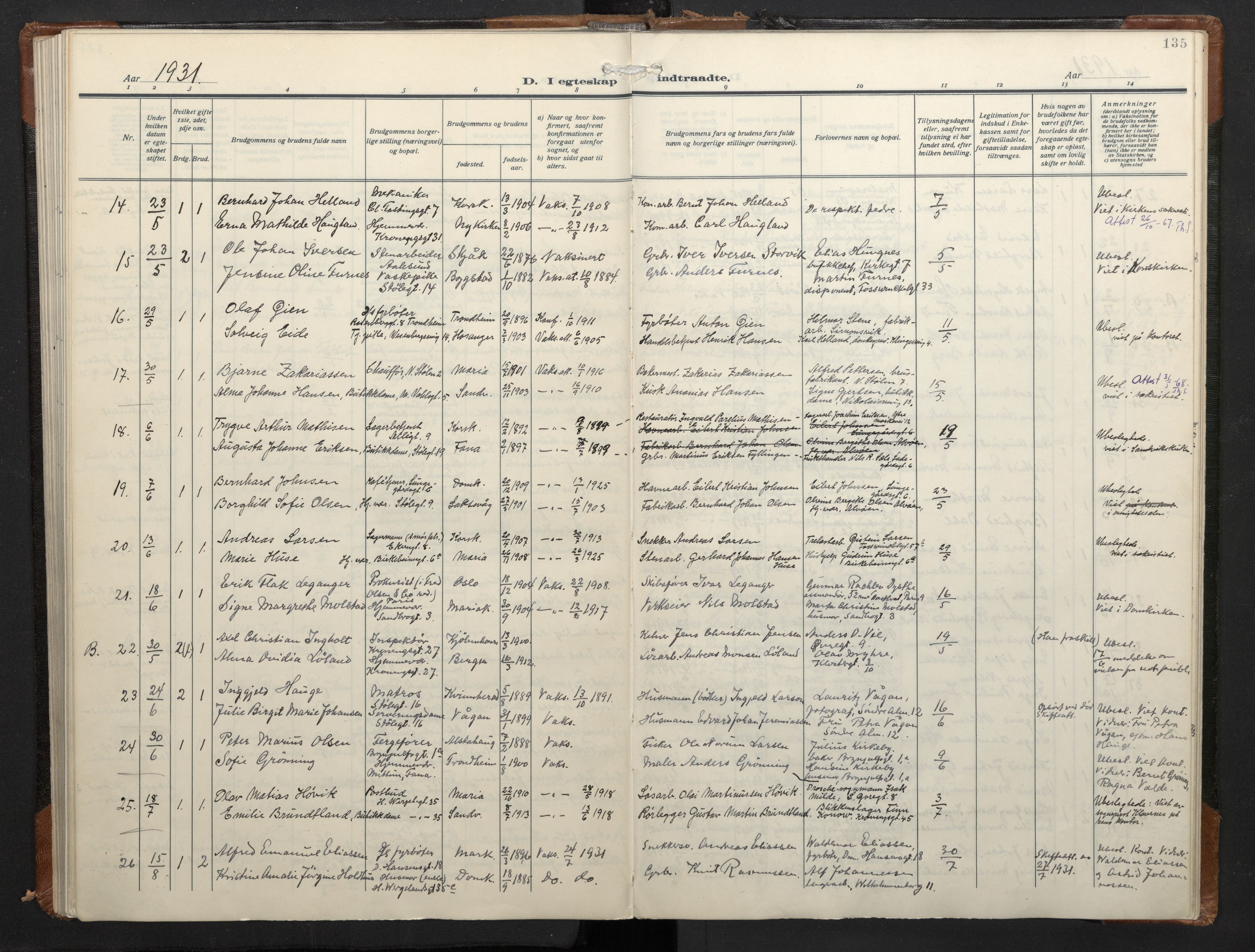 Mariakirken Sokneprestembete, SAB/A-76901/H/Haa/L0016: Parish register (official) no. C 4, 1927-1938, p. 134b-135a