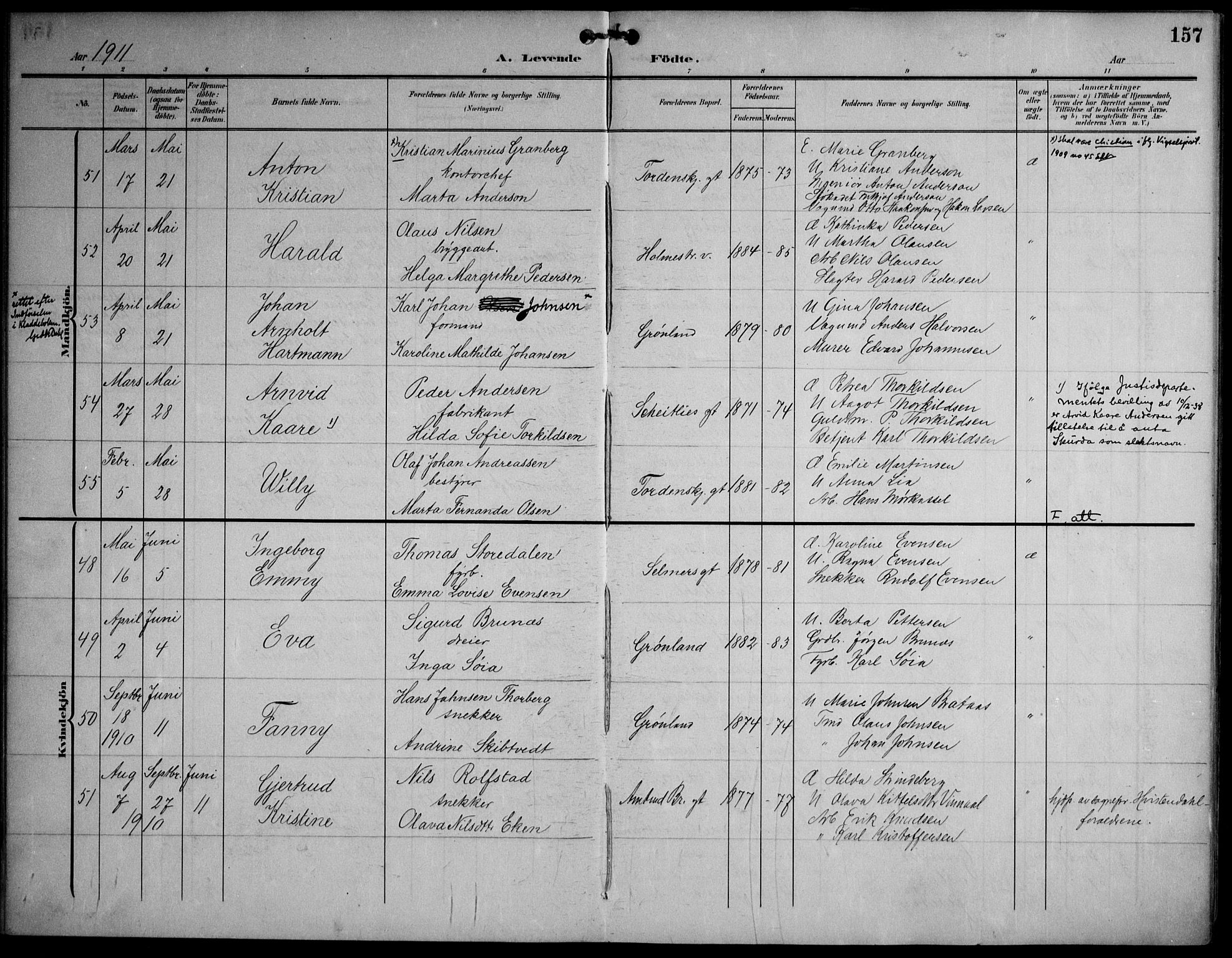 Strømsø kirkebøker, AV/SAKO-A-246/F/Fa/L0026: Parish register (official) no. I 26, 1905-1914, p. 157